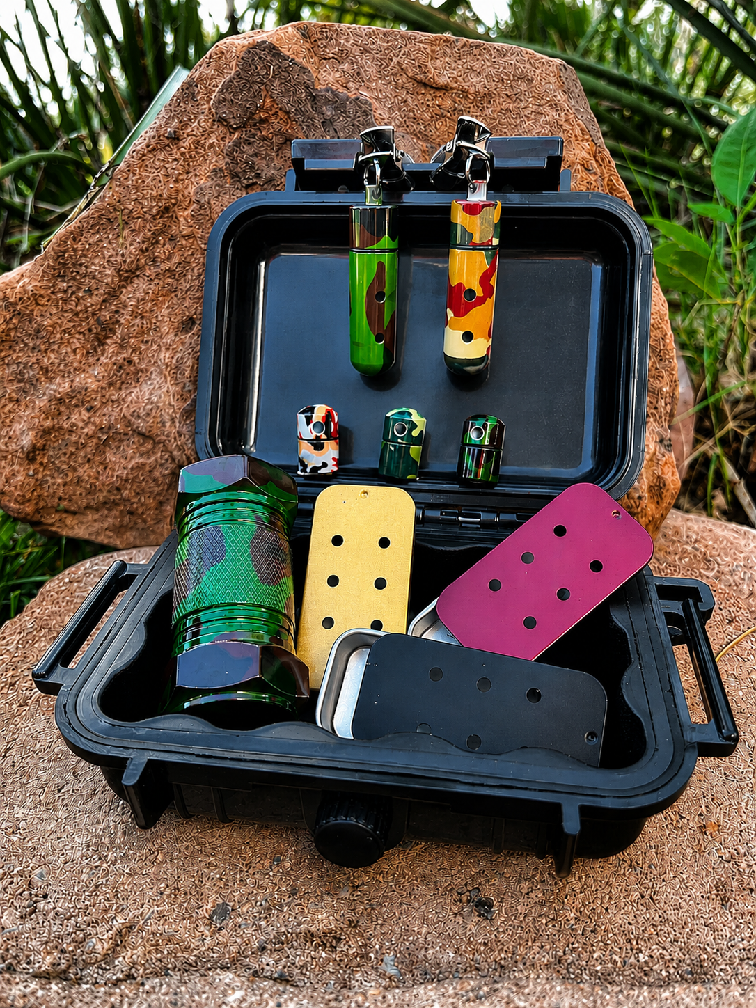 The Camo Kit with camouflage scent work vessels, slider tins, nano hides, Odor Barrel™ Toss Hide, and hard case.