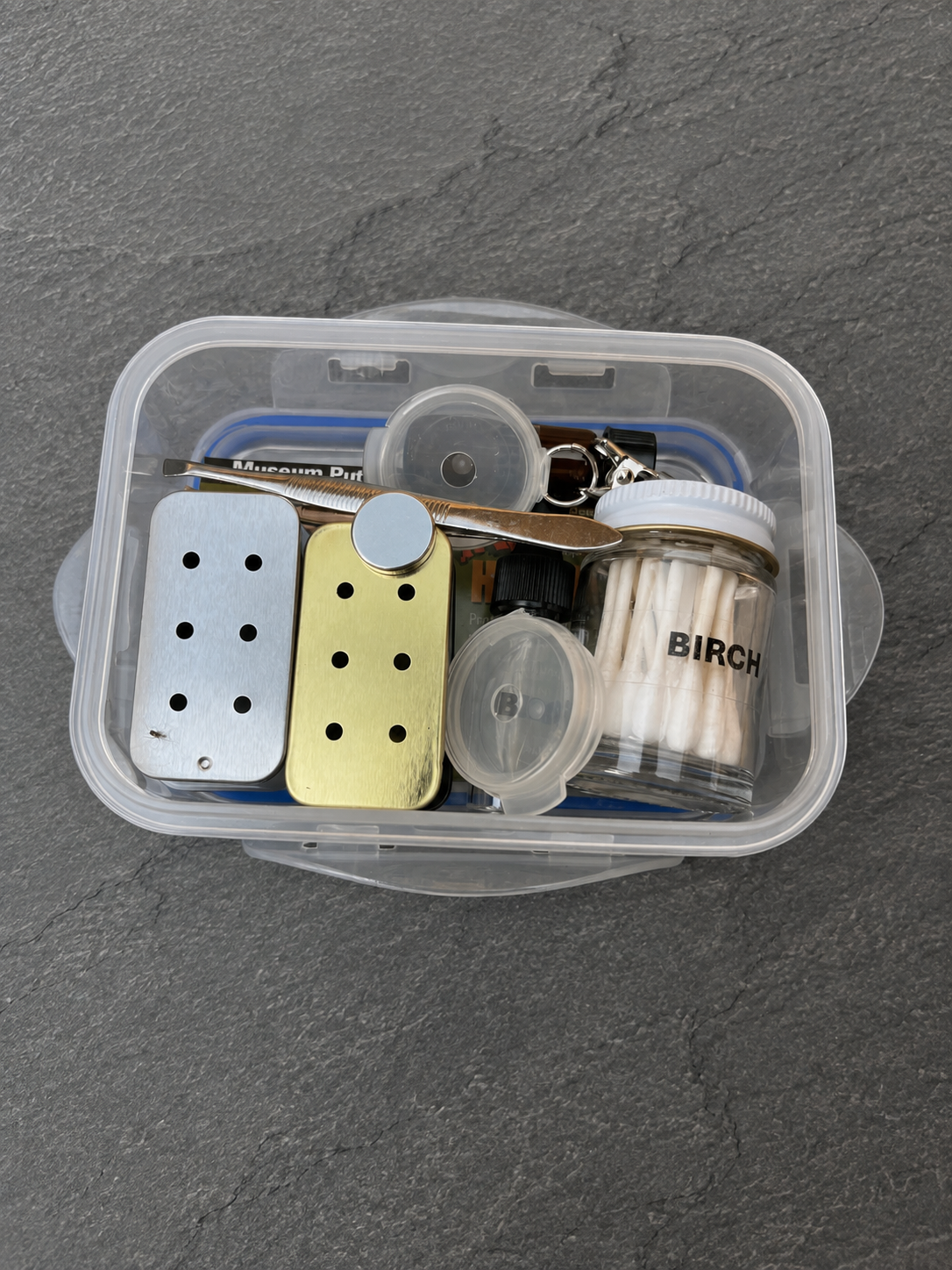 Birch nose work kit with essential oil, scented Q-tips, scent vessels, hanging hide, dropper and glass storage vial