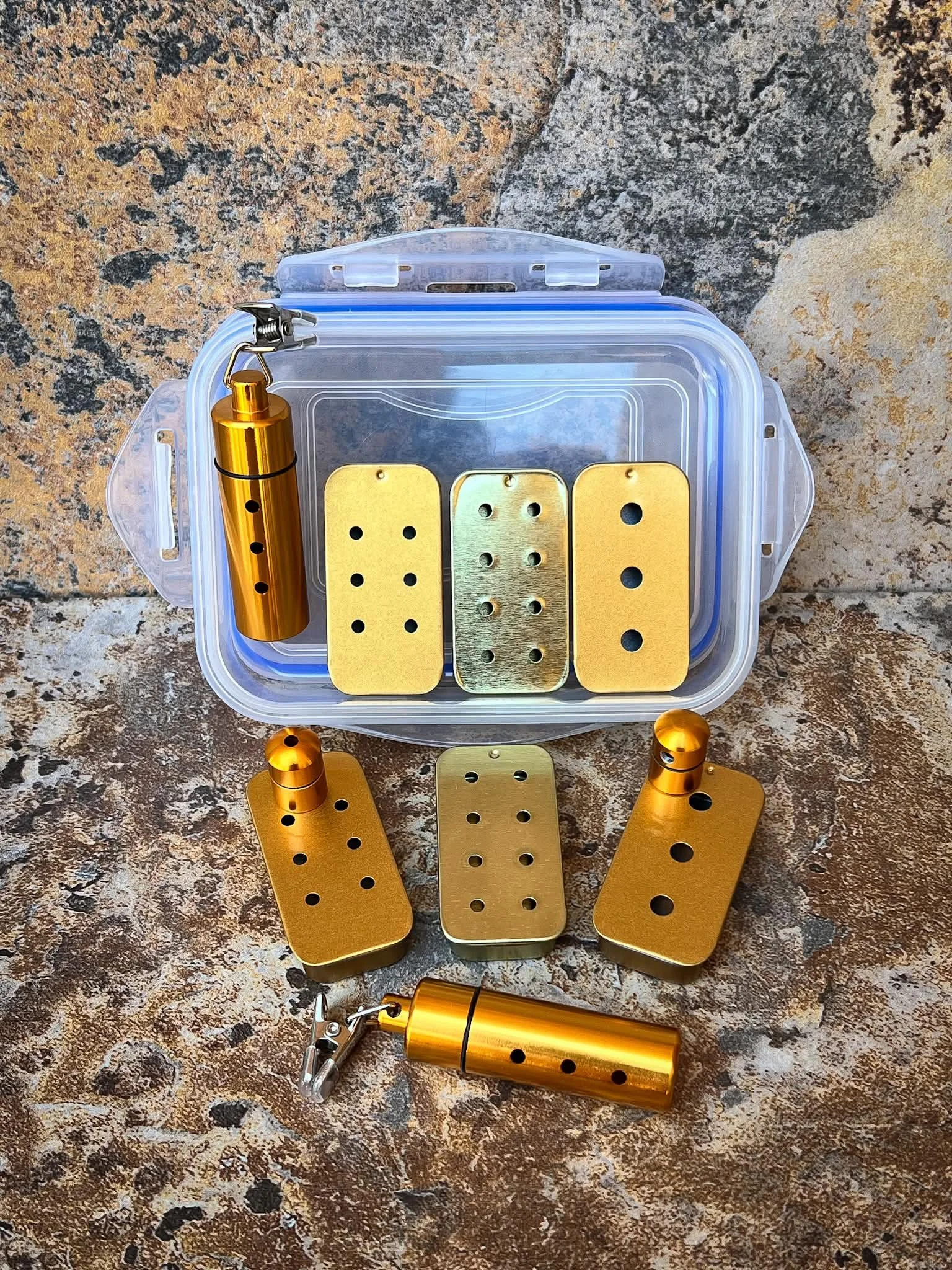 Scent Work Kit with gold scent work vessels, slider tins, hanging hides and nano hides for dog nose work and scent training”