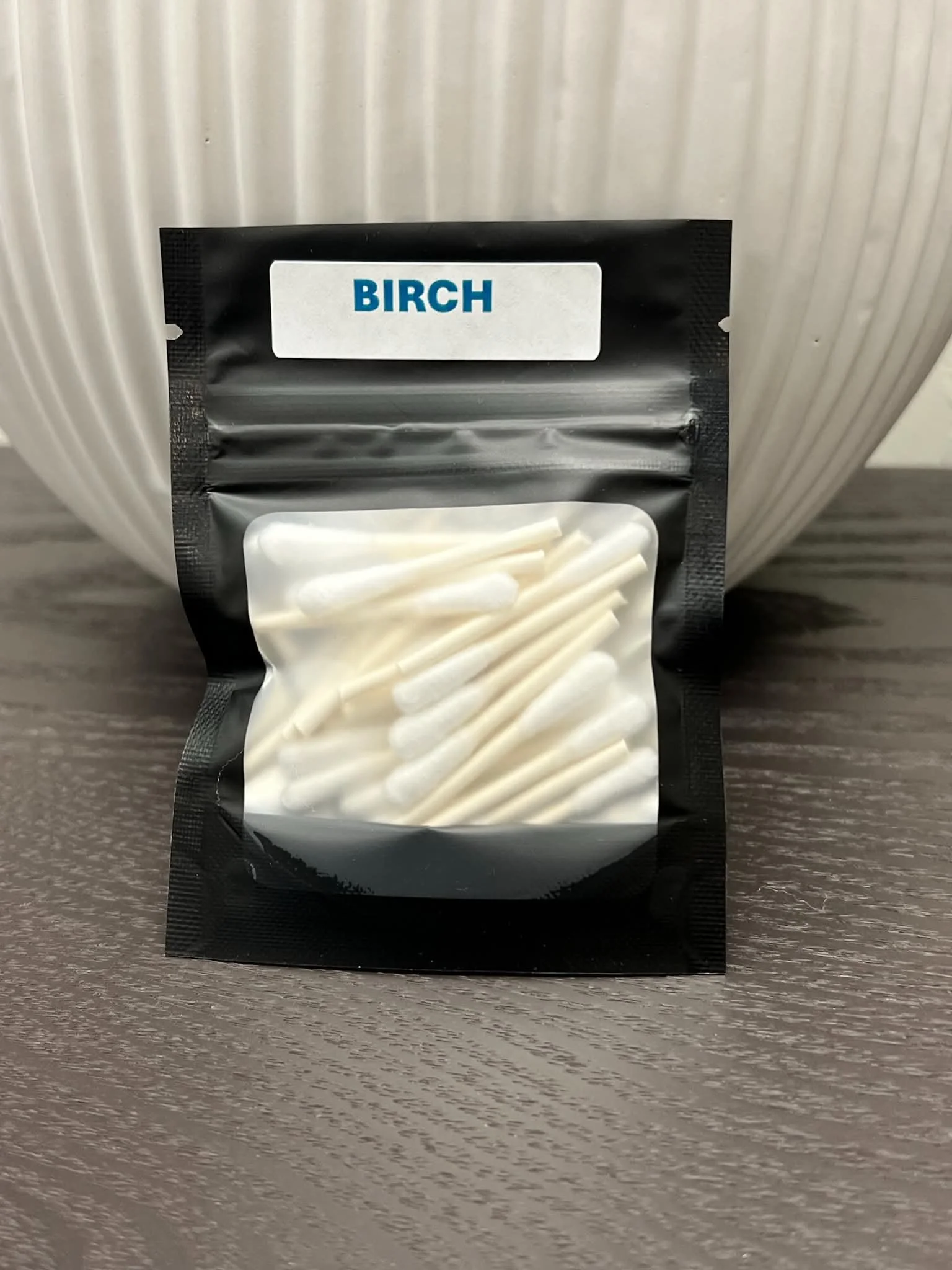 Birch scented q-tips in Mylar bag for scent work and nosework training