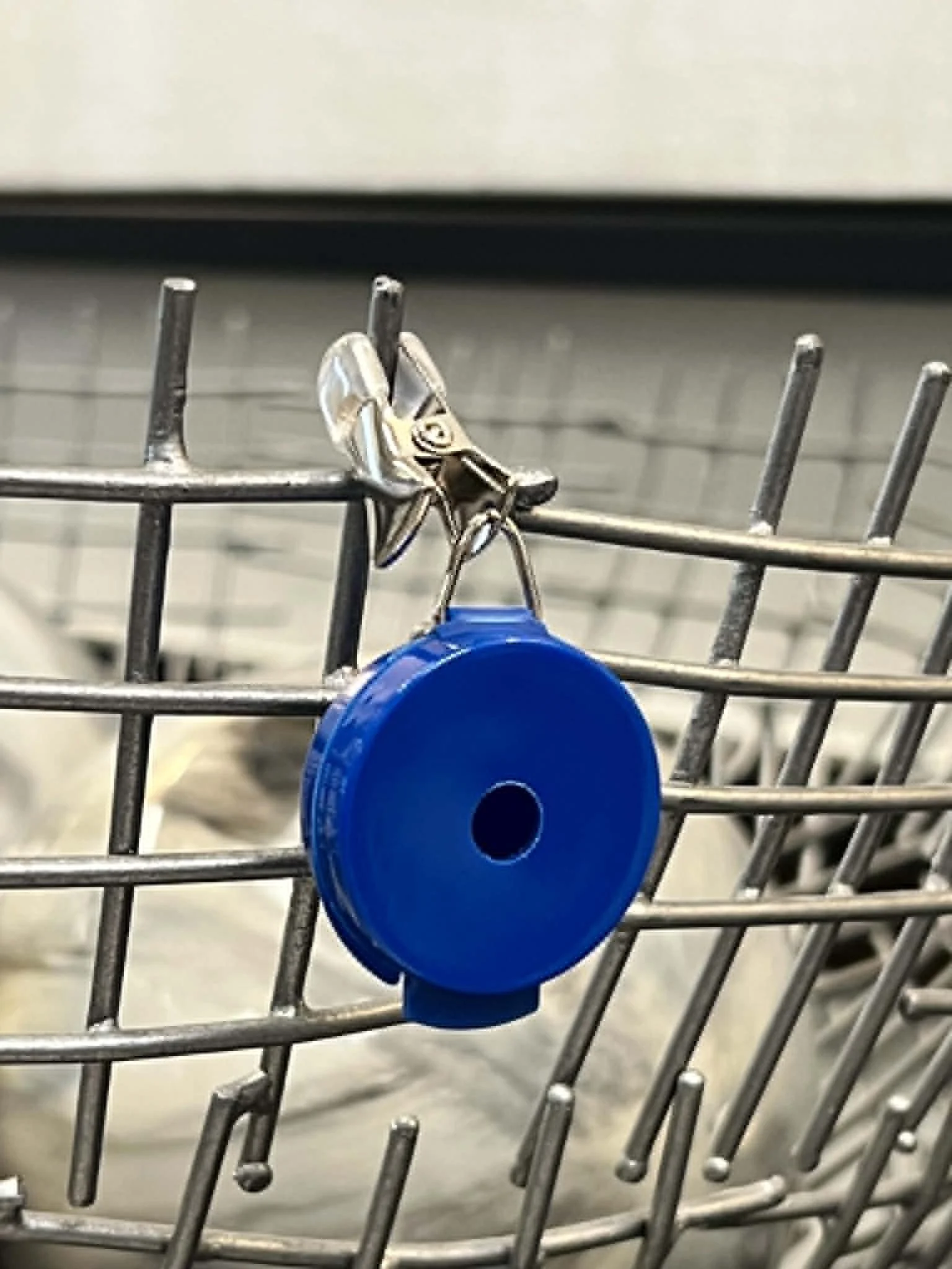 Hanging hide scent vessel with multiple openings for effective odor dispersal during nose work practice.