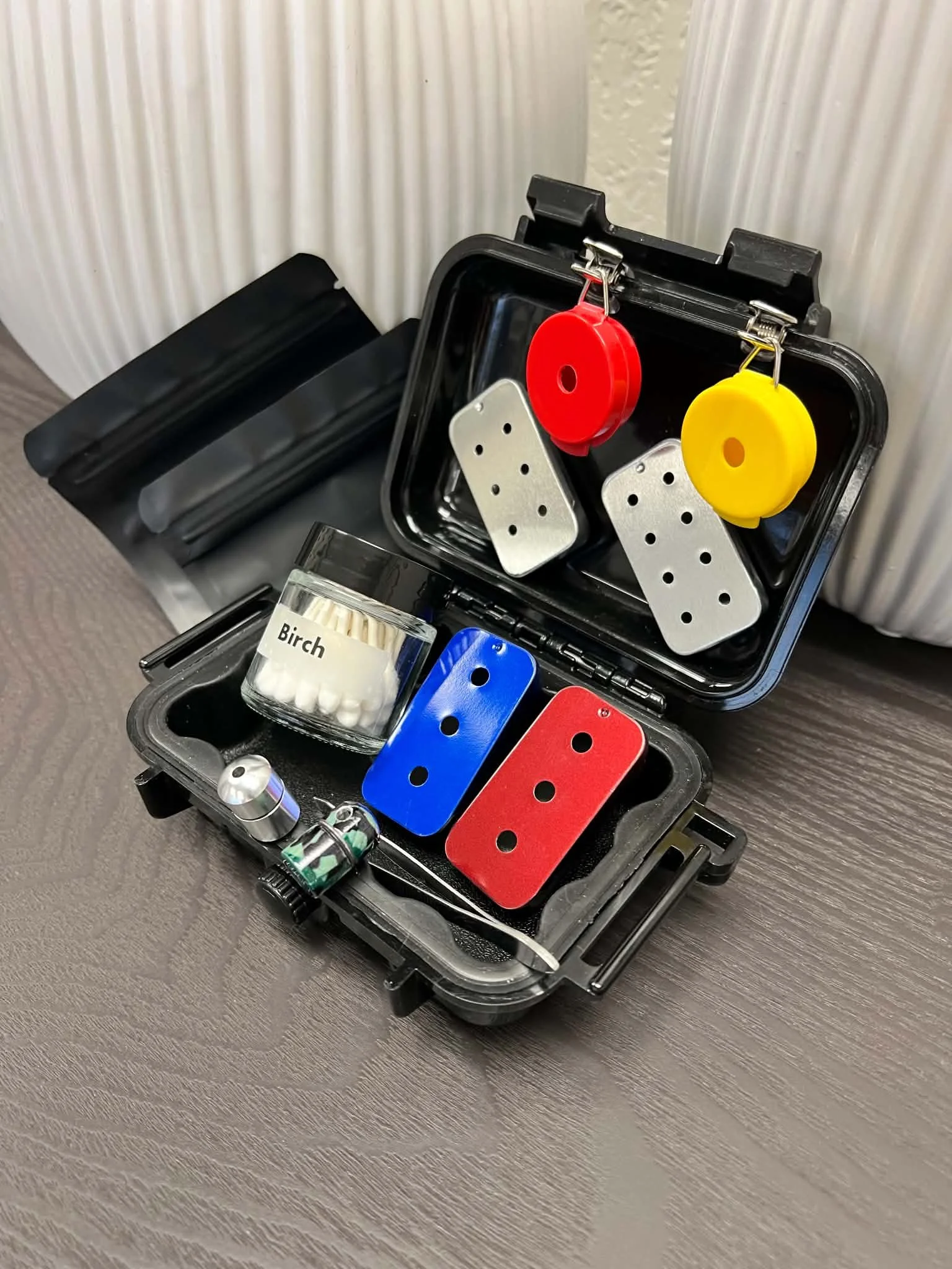 Beginner scent work kit for dogs with Birch odor, slider tins, nose work training vessels, scent detection hides, slider tins, Whiff Disc™ hides, bullet hides, and hard storage case.