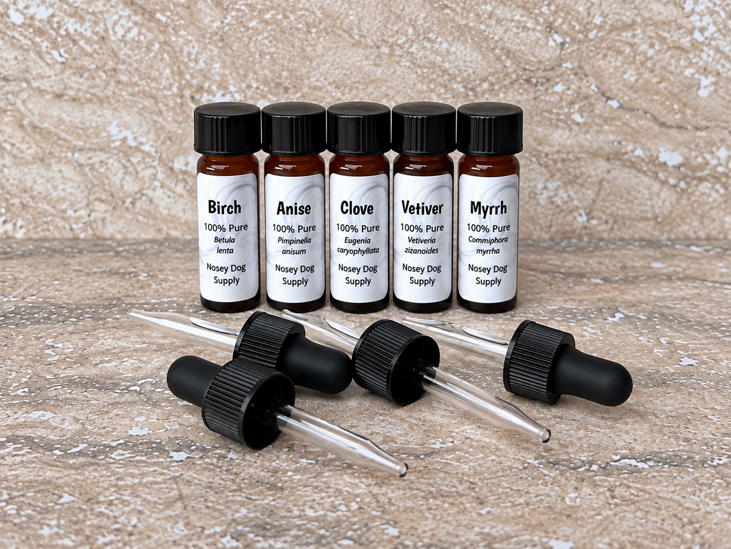 UKC Nosework target odor oils Birch, Anise, Clove, Vetiver and Myrrh with glass droppers
