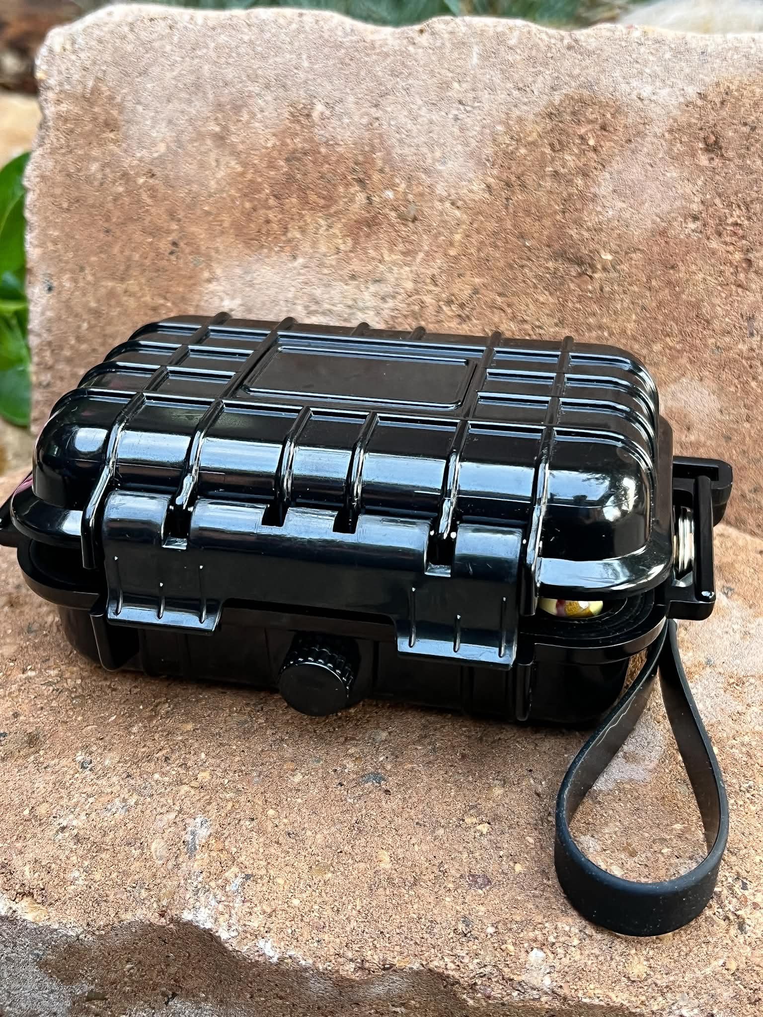 Hard storage case with wrist strap for organizing scent work hanging hides and nose work training vessels.