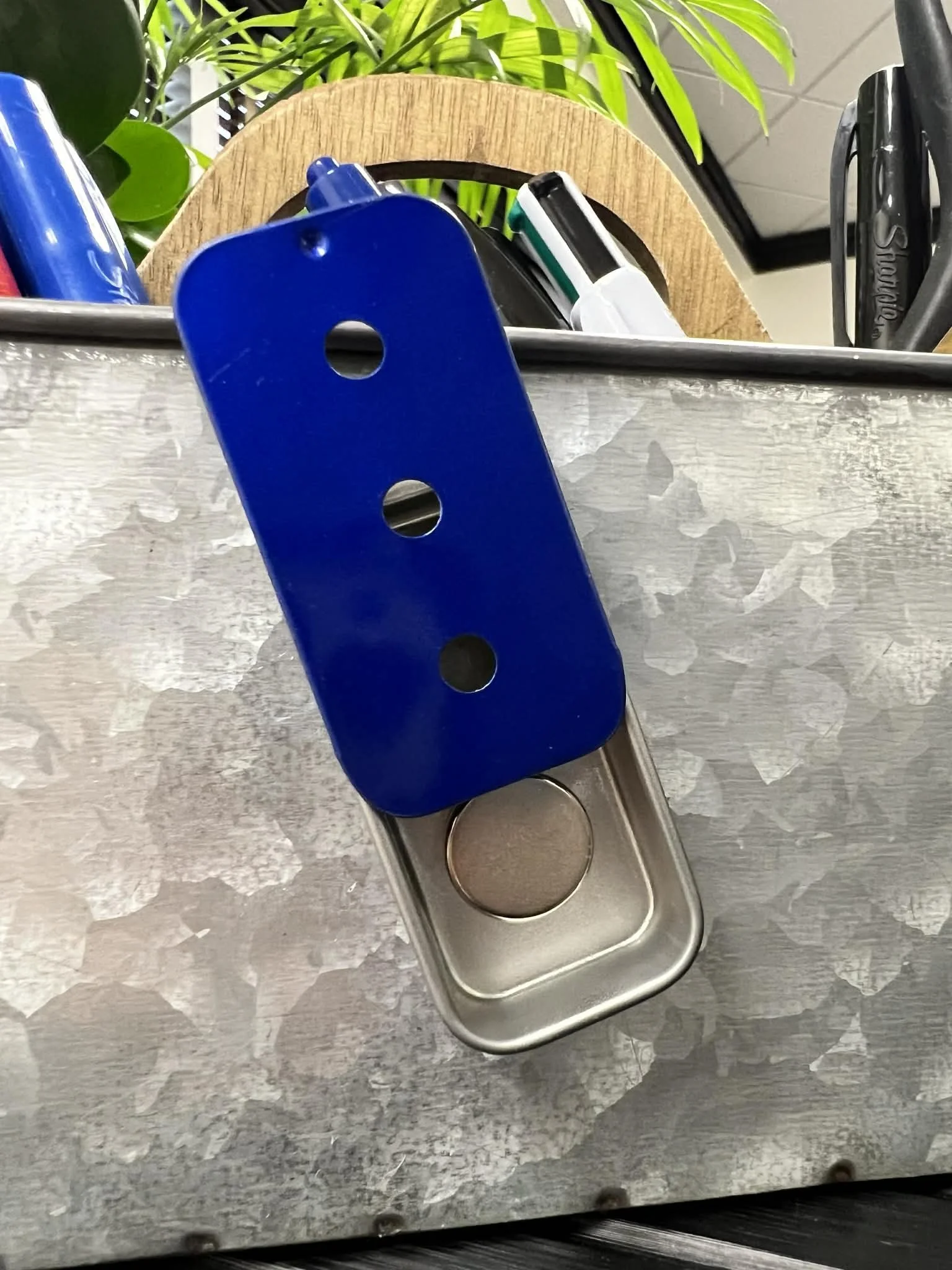 Blue three-hole magnetic slider tin for AKC Scent Work