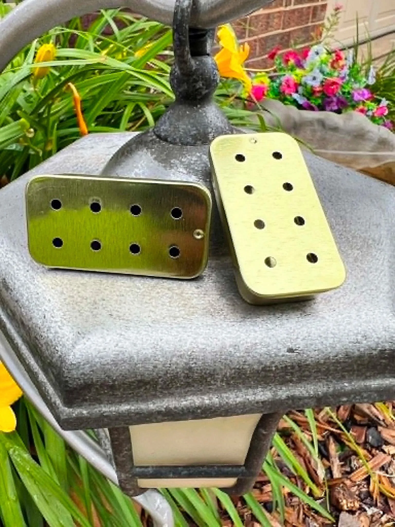 Gold eight-hole slider tin scent work vessel for dog nose work and odor training.