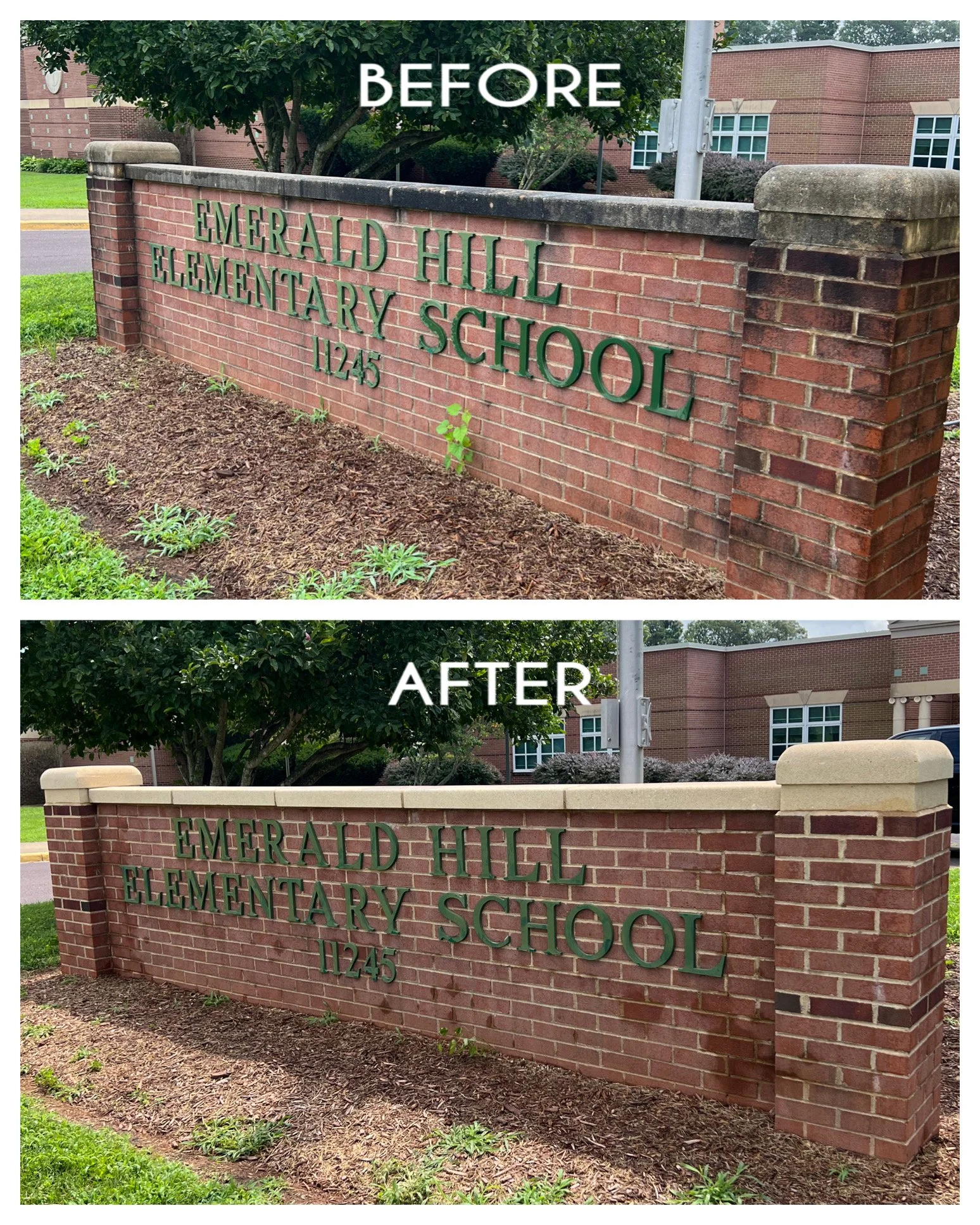 Comparison of a brick school sign before and after renovation. The sign reads "Emerald Hill Elementary School 11245." The before image shows the sign with a darker, weathered top border and faded green lettering; the after image shows the sign cleane
