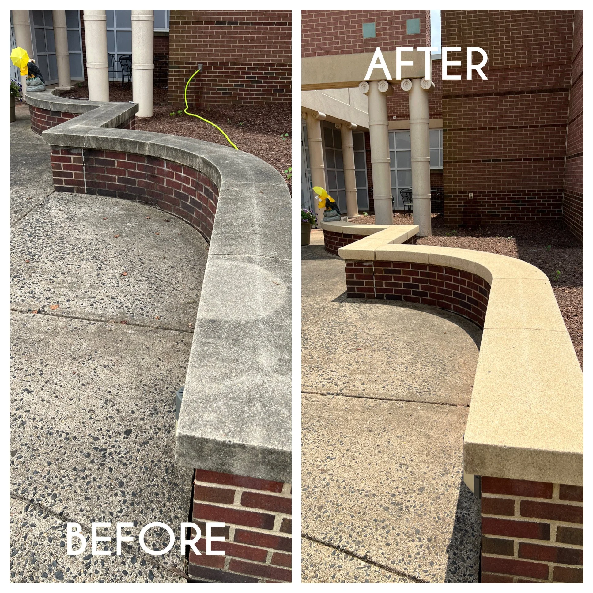 Side-by-side comparison photo showing an outdoor brick and concrete curved bench before and after renovation. The left image labeled 'BEFORE' shows the bench with a worn, darker concrete top, and the right image labeled 'AFTER' shows the same bench w