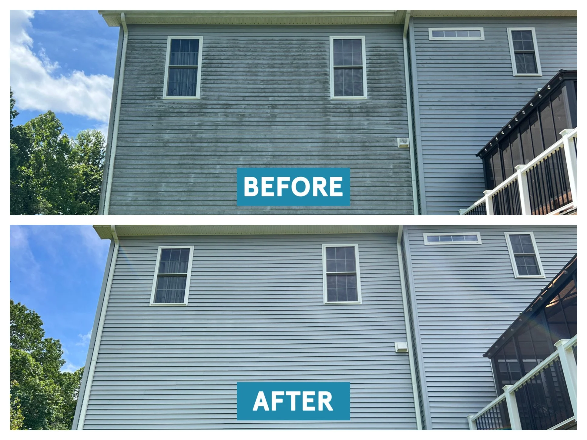 Comparison of a house exterior before and after cleaning or renovation. The top image shows weathered, gray siding, while the bottom image shows clean, new-looking siding.