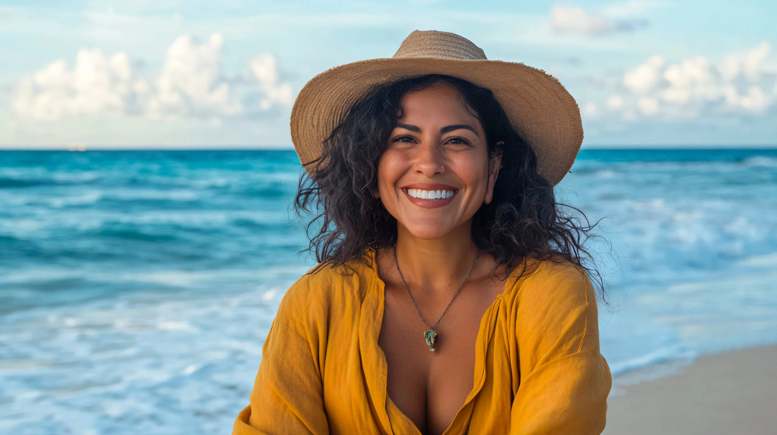 A woman with curly black hair smiling at the camera, wearing a straw hat and a yellow top, standing on the beach near the ocean with waves and a partly cloudy sky in the background.