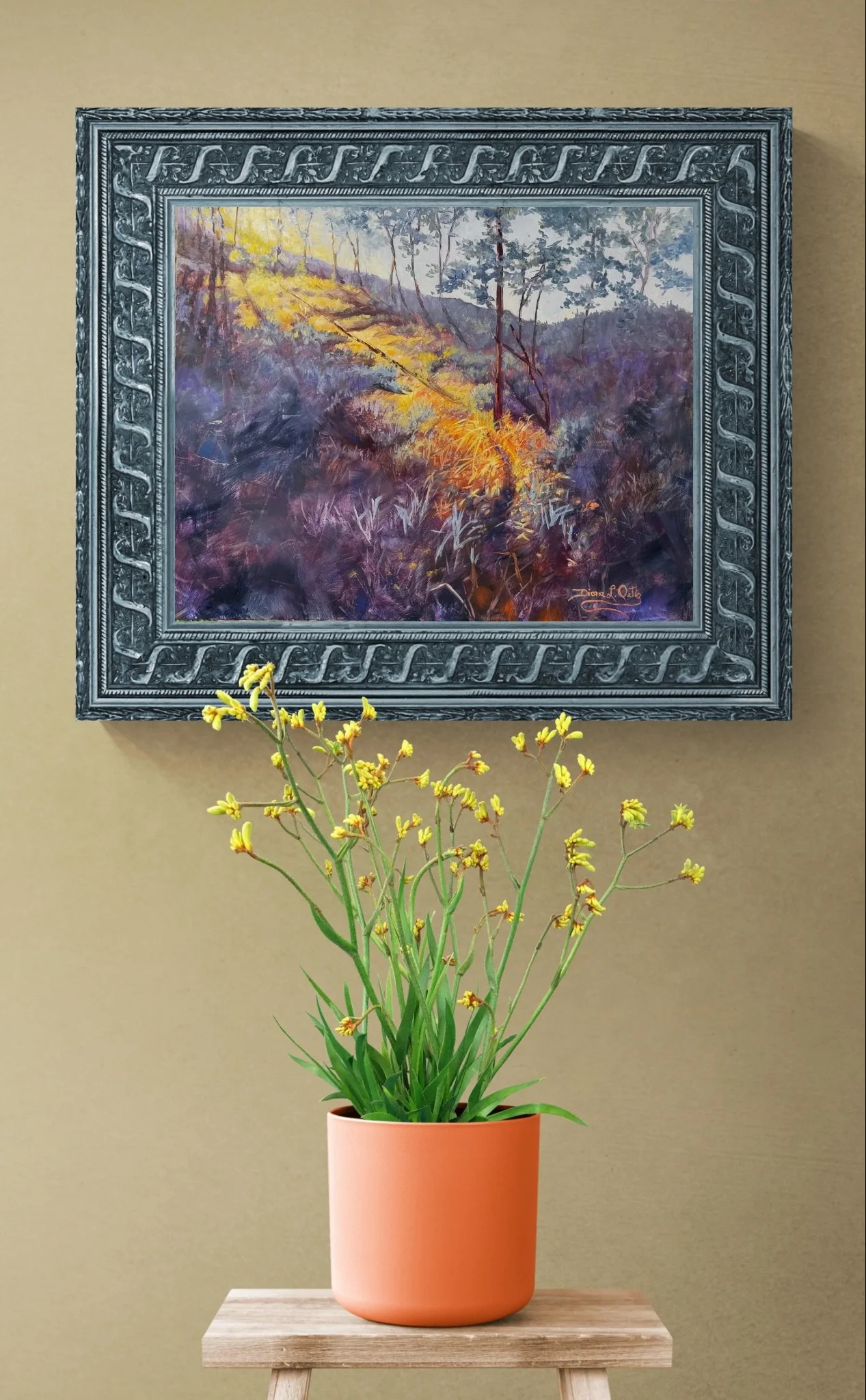 Potted plant with yellow buds sitting on a stool.jpeg