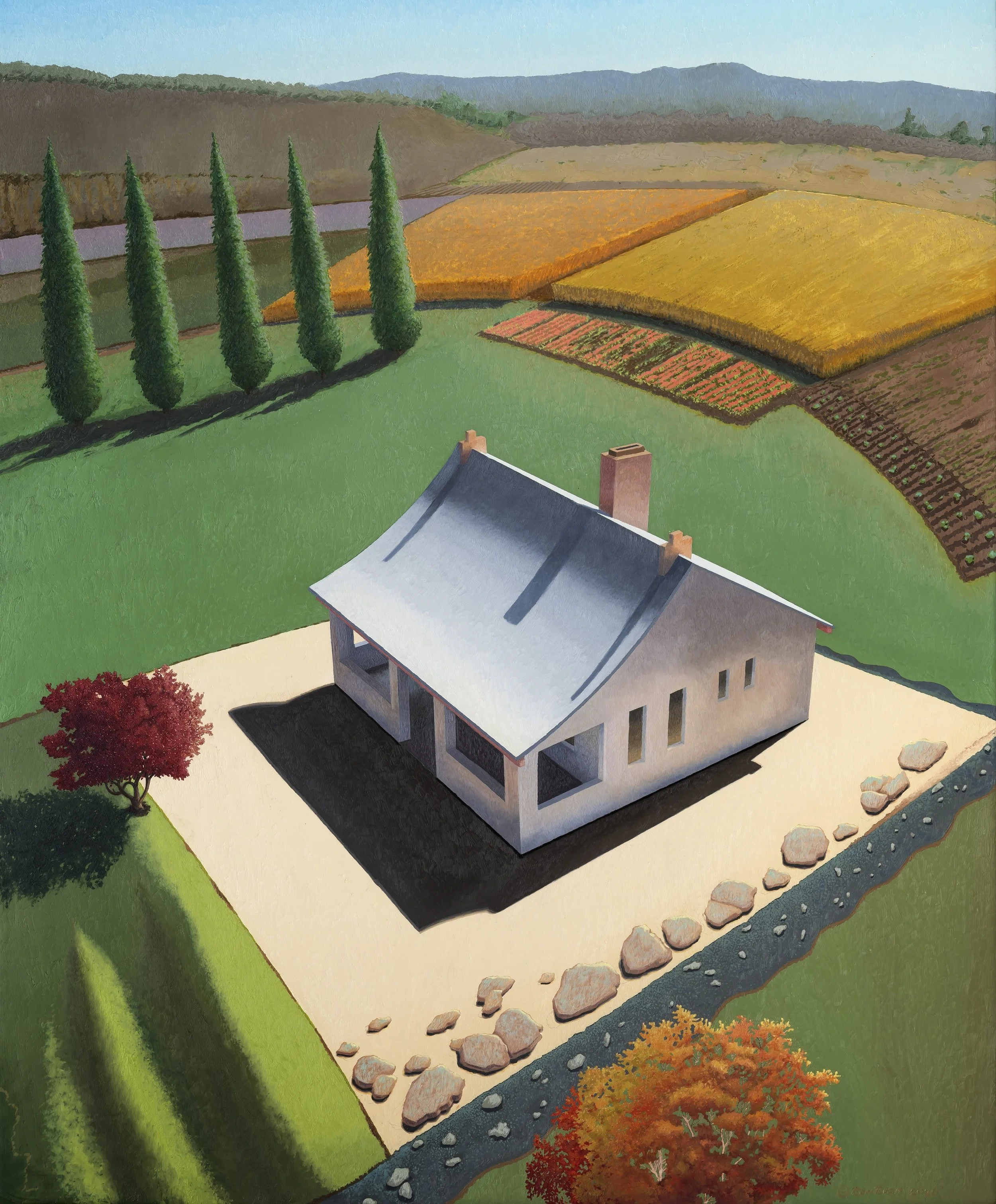 painting of a house in the midst of fields and trees