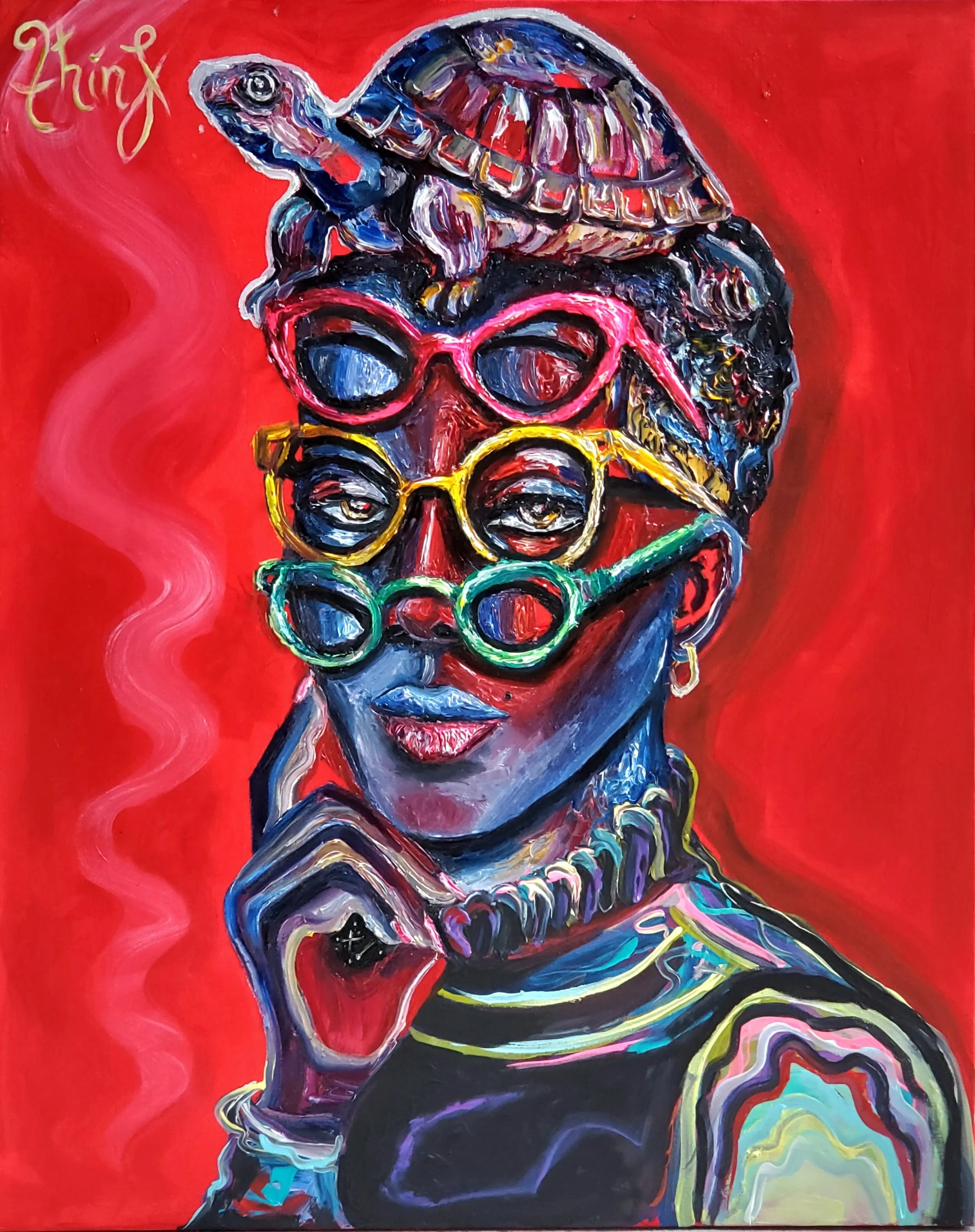 woman wearing three pairs of glasses with a turtle on her head