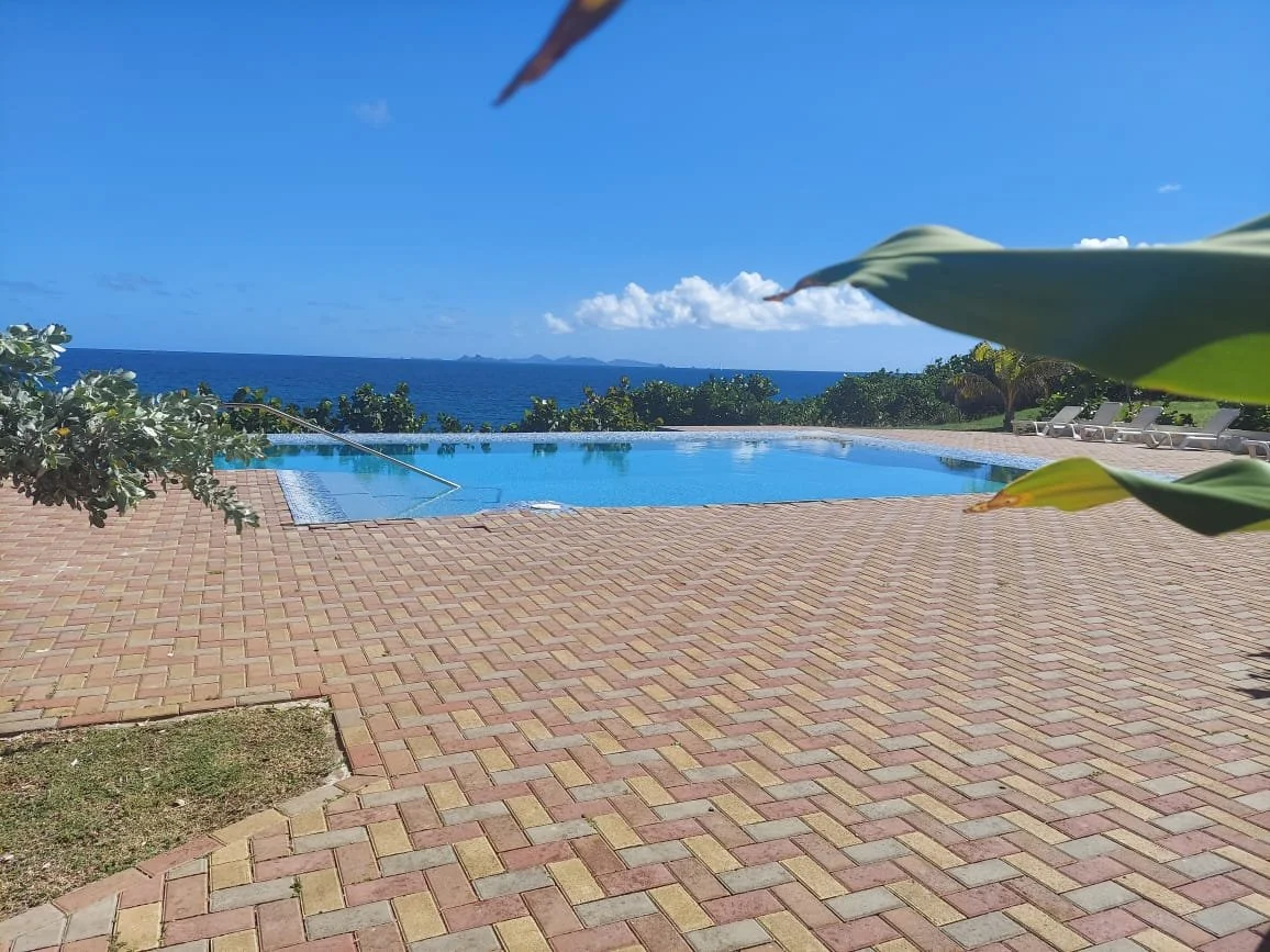 A standing view of the pool with St Barts over the Atlantic Ocean.