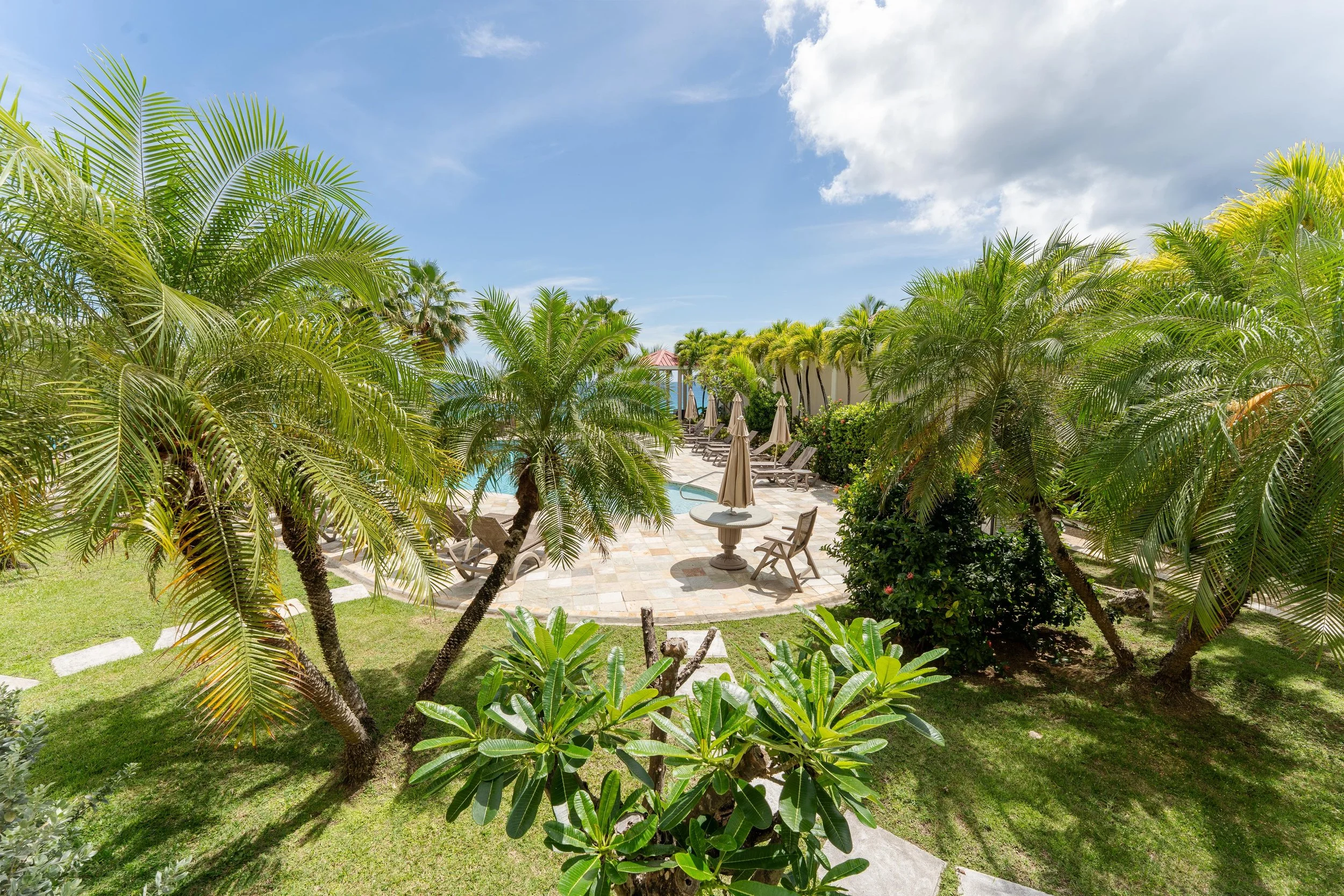 Poolside area with lounge chairs, umbrellas, surrounded by lush green palm trees and shrubs on a sunny day with partly cloudy sky.
