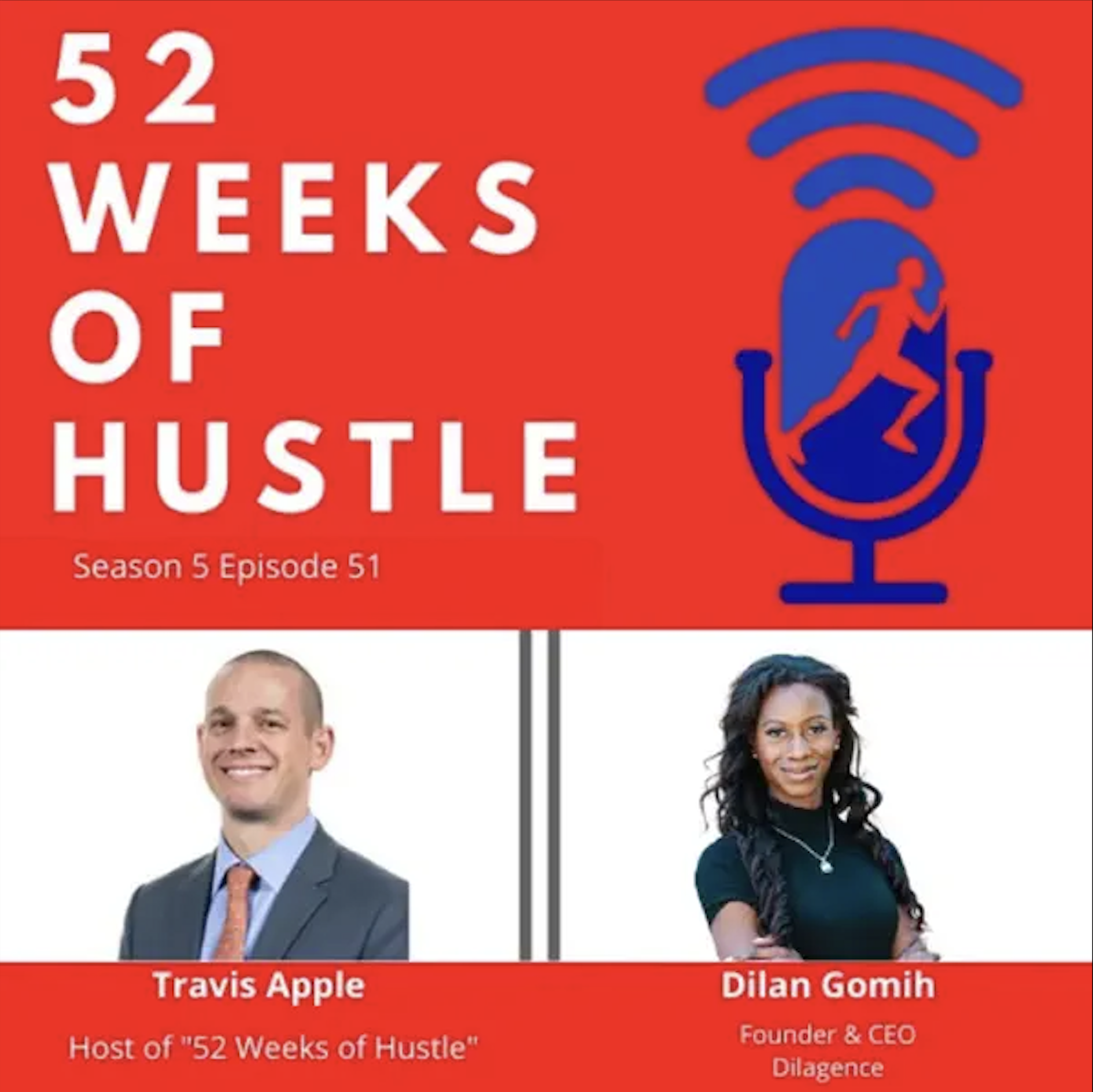 A promotional graphic for the podcast '52 Weeks of Hustle' Season 5, Episode 51. It features a red background with a blue microphone icon and a running person inside. Below, there are photos of two people: Travis Apple, host of '52 Weeks of Hustle,' on the left, and Dilan Gomi, founder and CEO of Dilagence, on the right.