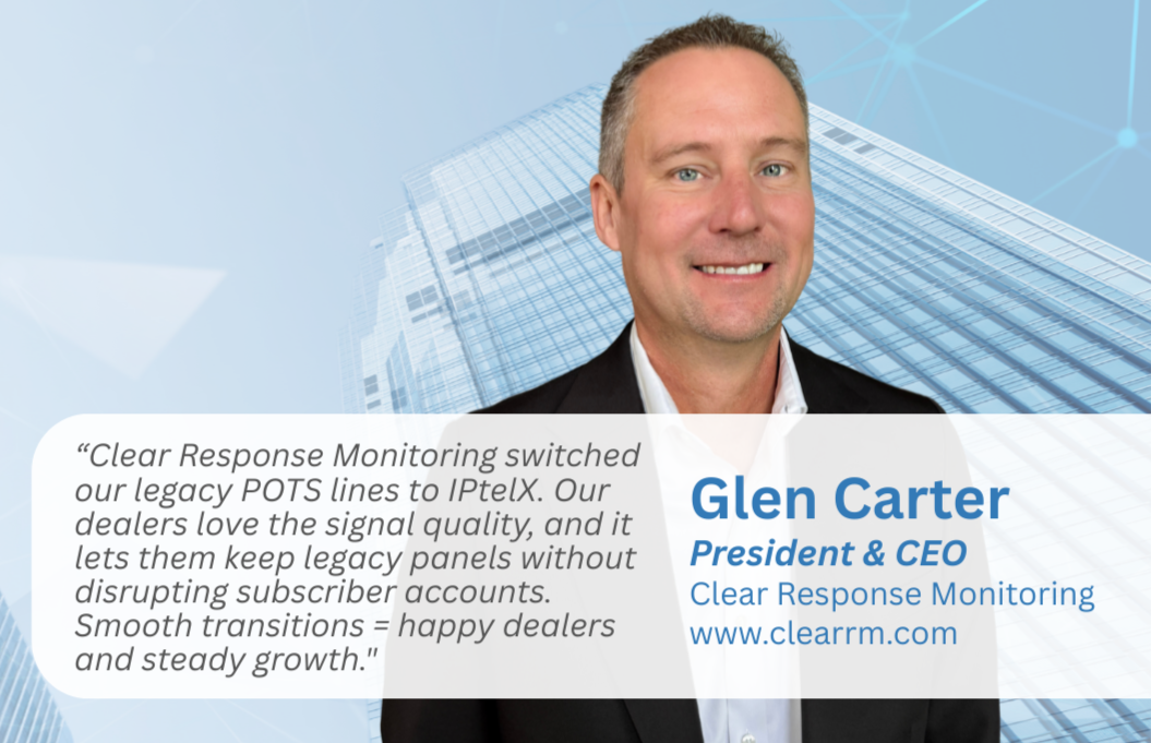 A professional headshot of Glen Carter, Founder and CEO, with a modern glass building in the background, and an overlay with text featuring his name, title, and a quote about clean response monitoring.