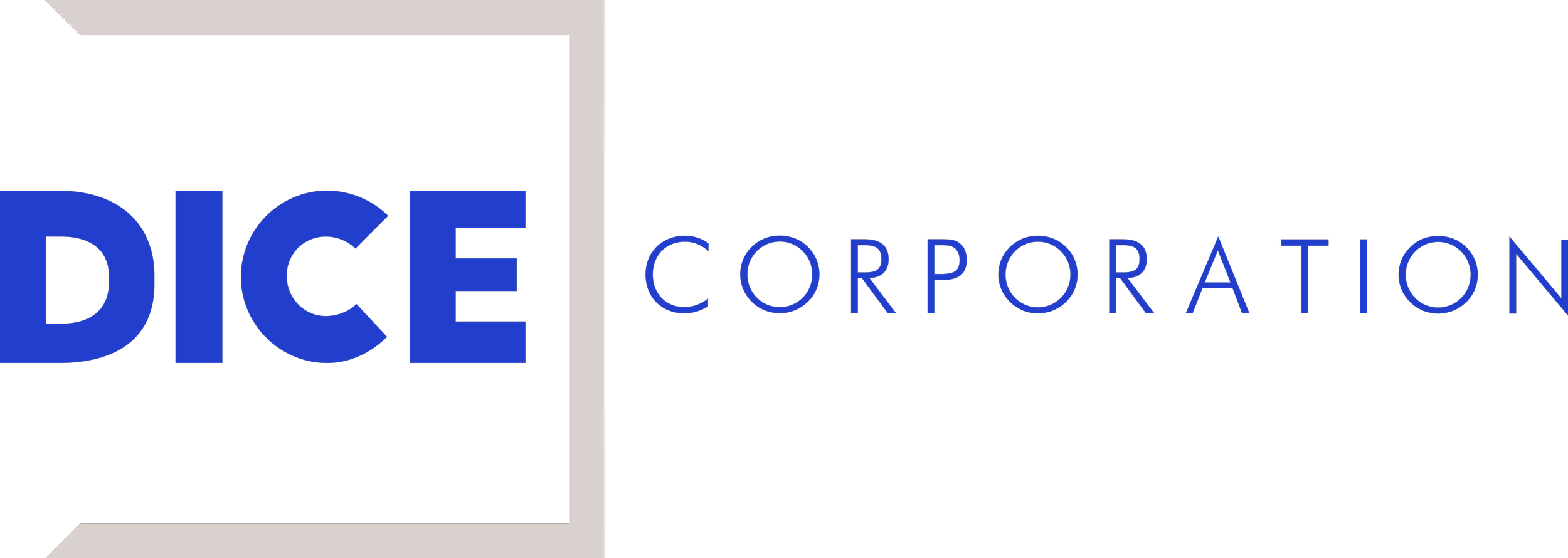The logo of DICE Corporation featuring bold blue text 'DICE' inside a silver 3 sided square, with "CORPORATION" next to it.