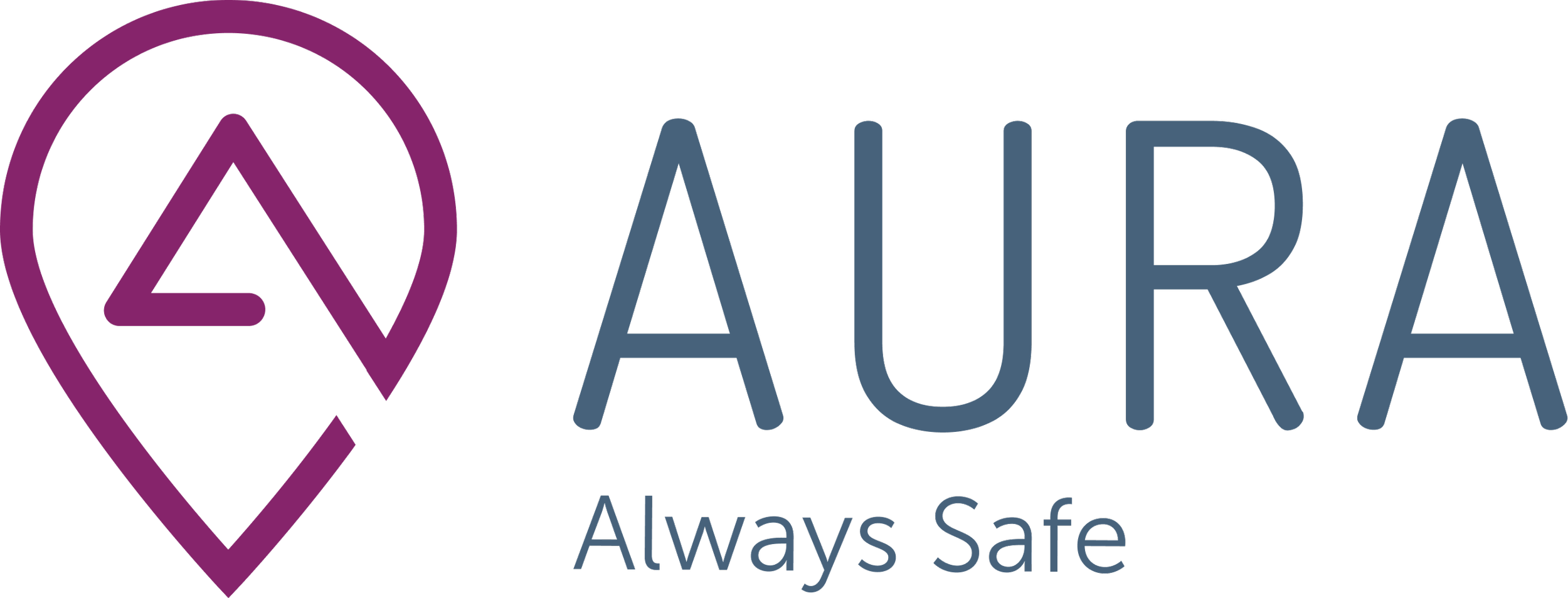 A logo with a purple location pin and an upward arrow inside it, next to the text 'AURA' in large blue letters, and the tagline 'Always Safe' underneath.