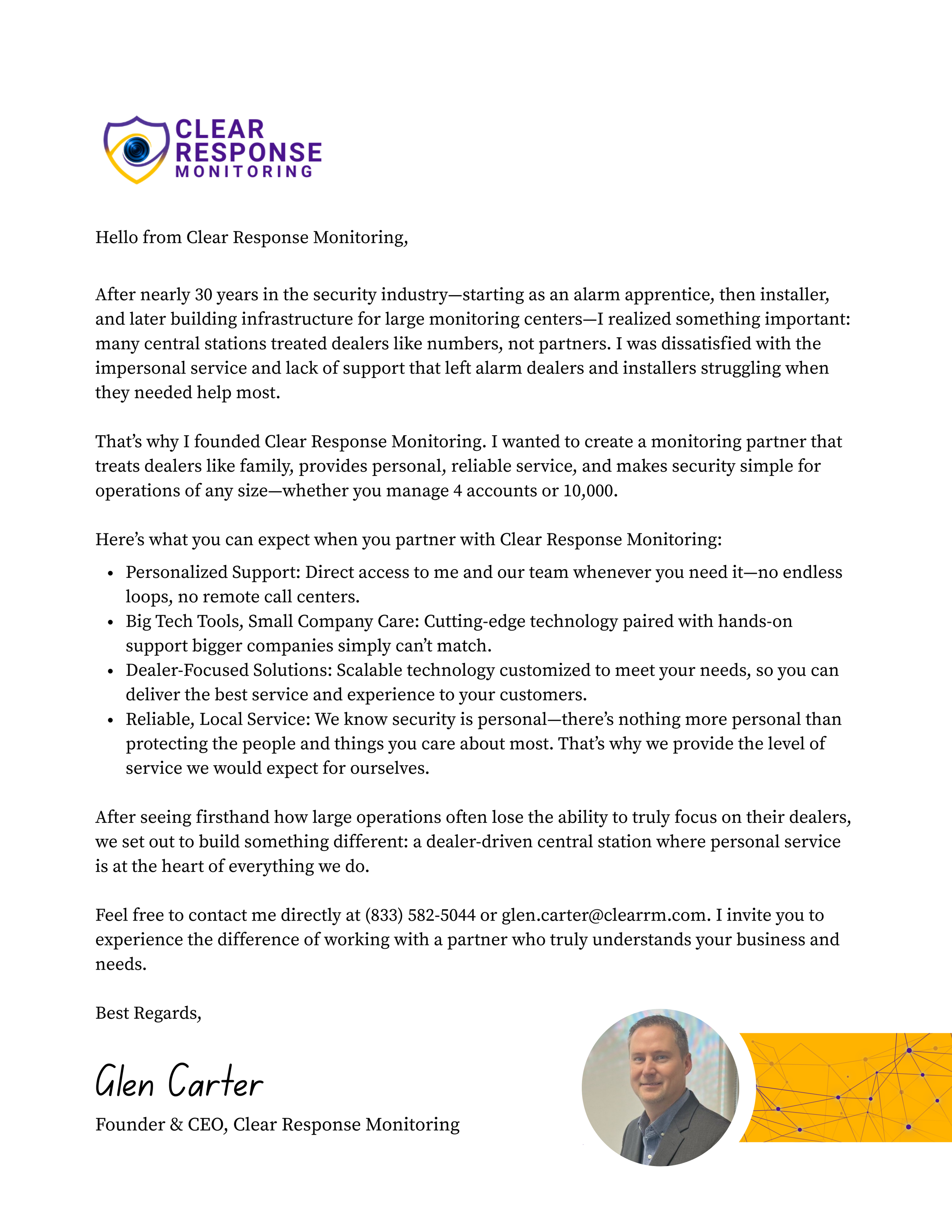 Letter from Clear Response Monitoring with their logo and a headshot of CEO and Founder, Glen Carter.