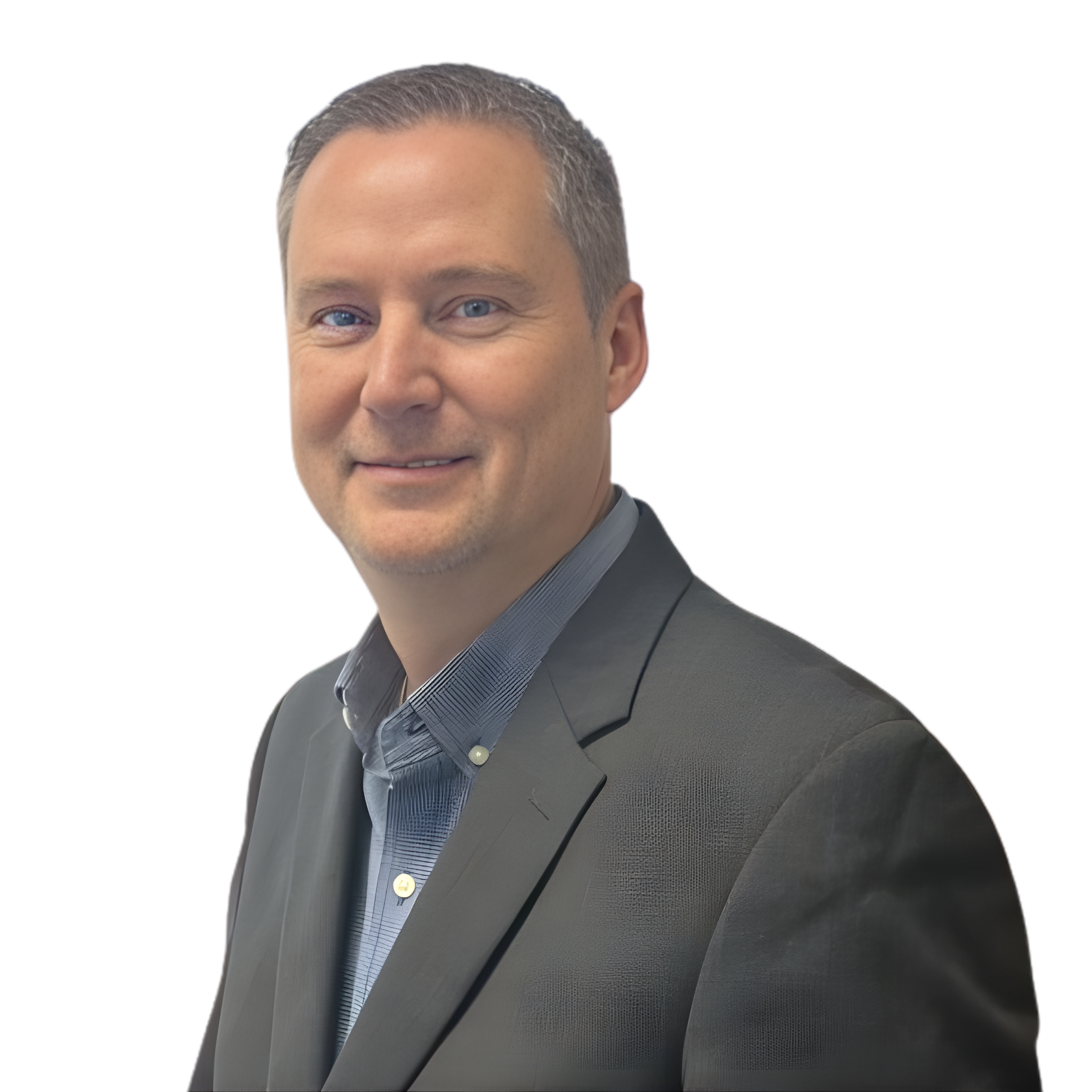 Professional headshot CEO and Founder, Glen Carter wearing a dark gray blazer and a light gray collared shirt, smiling slightly against a white background.