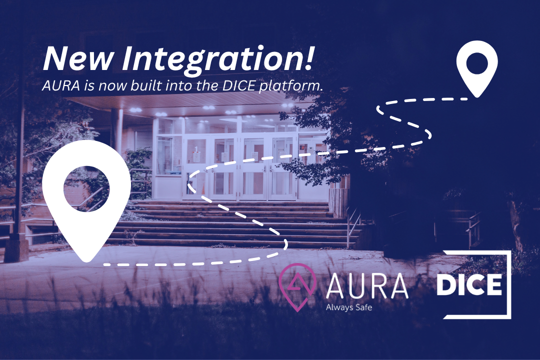 Nighttime exterior view of a building with steps leading up to the entrance, overlaid with a graphic of a dotted path connecting two location pins, and text announcing that AURA is now built into the DICE platform, with logos for AURA and DICE.