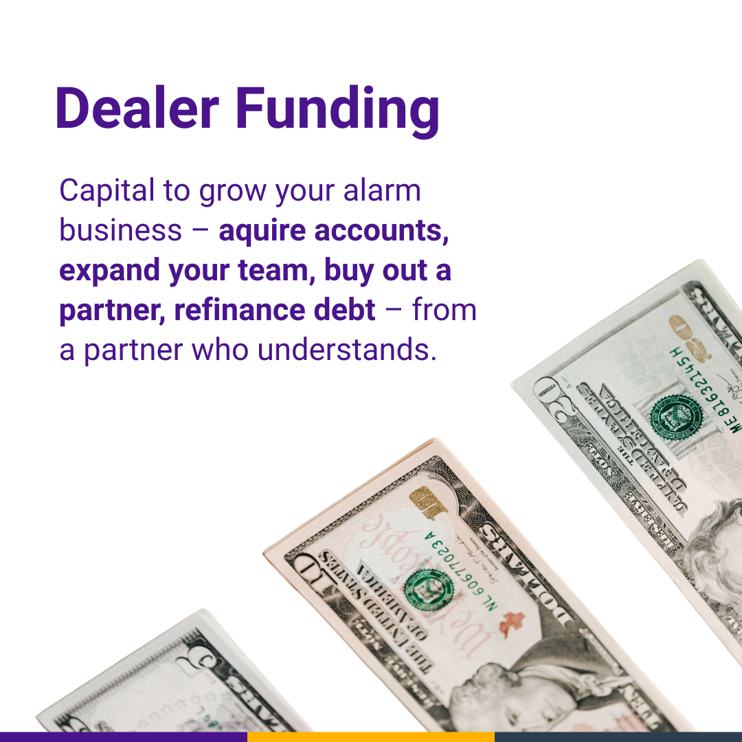 Bold purple headline 'Dealer Funding' and subtext about acquiring accounts and refinancing debt, featuring images of US dollar bills to promote our dealer funding program.