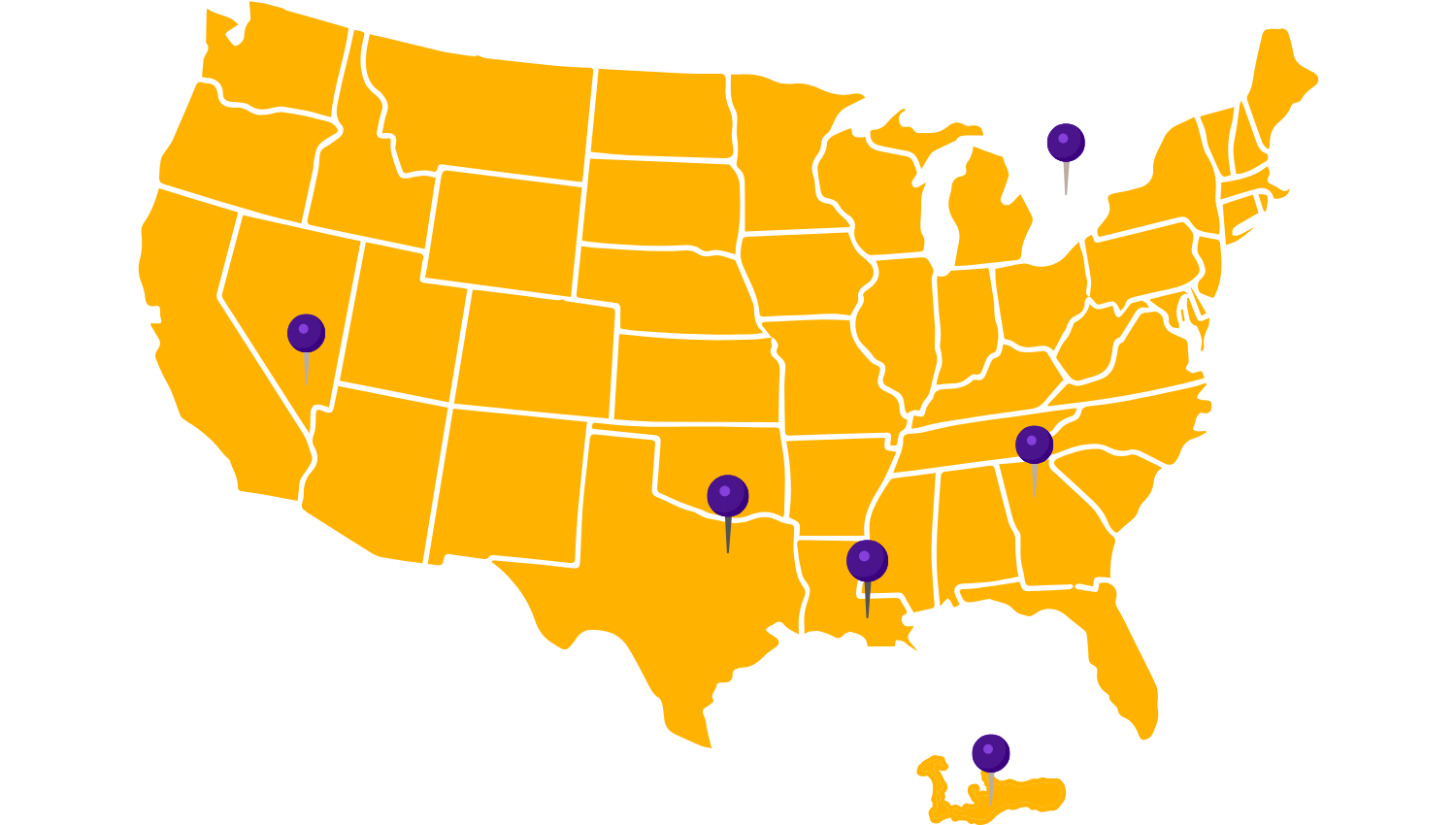Map of the United States with several states marked by purple pins representing the locations of the industry events Clear Response Monitoring will be attending in 2026.