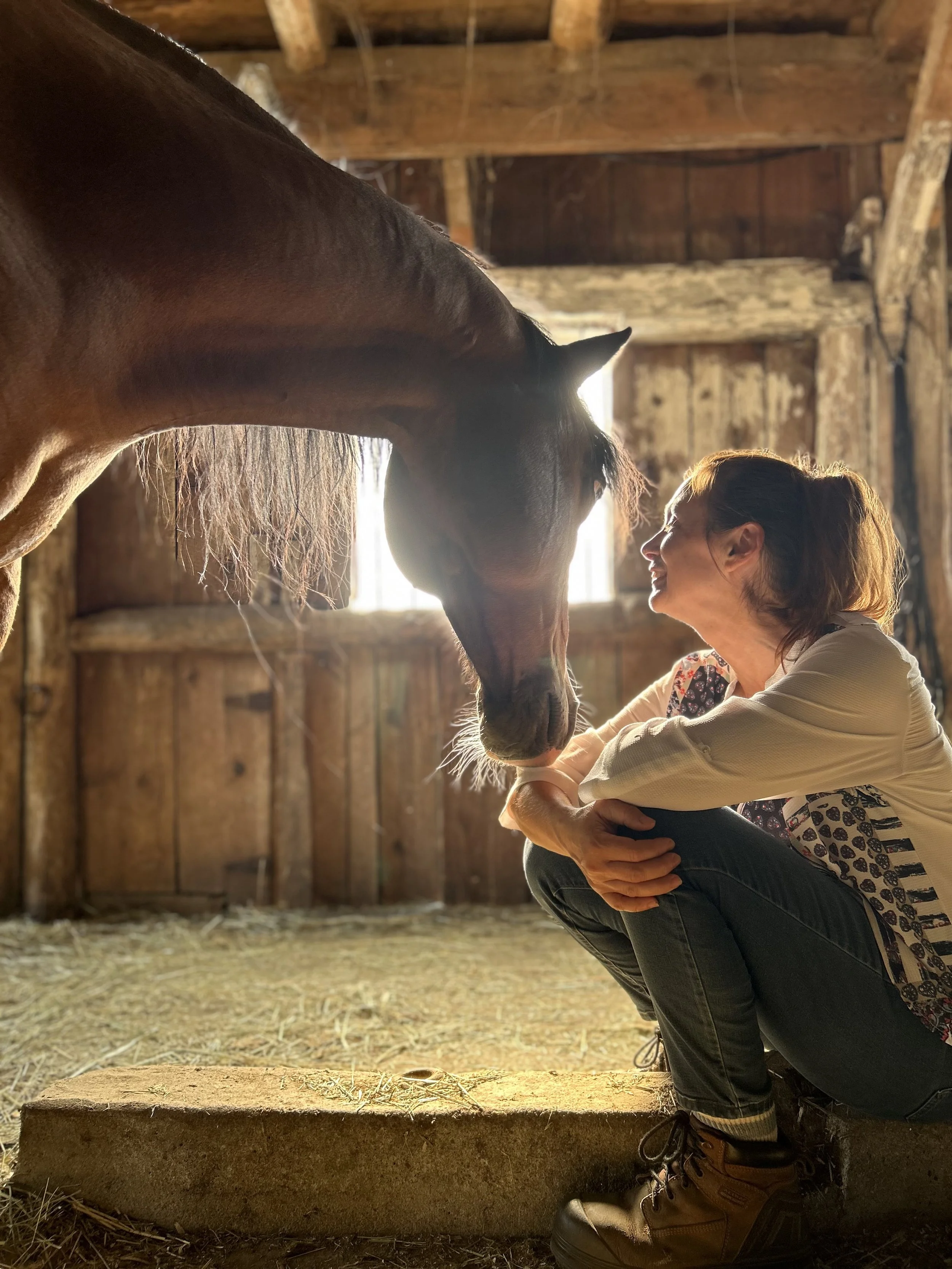 Une femme souriante en train de caresser un cheval dans une écurie en bois, lumière naturelle derrière elle.