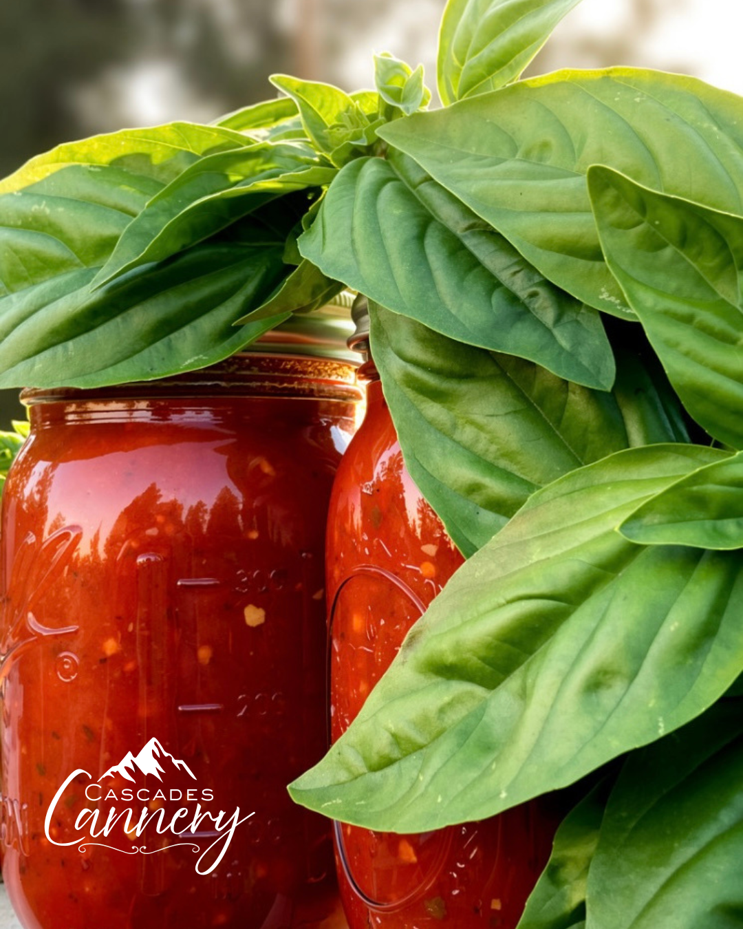 Two jars of homemade tomato salsa surrounded by green basil leaves with sunlight background.