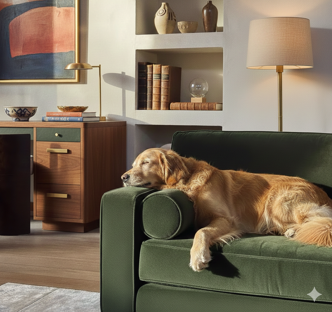 Golden Retriever laying on green velvet couch in luxurious home