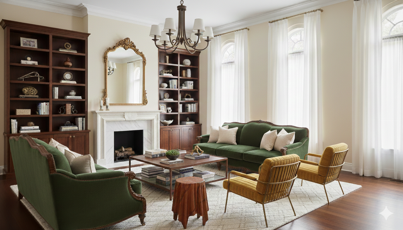 Living room with green and yellow vintage-style sofas, a wooden coffee table, white curtains, a fireplace, and built-in bookshelves.