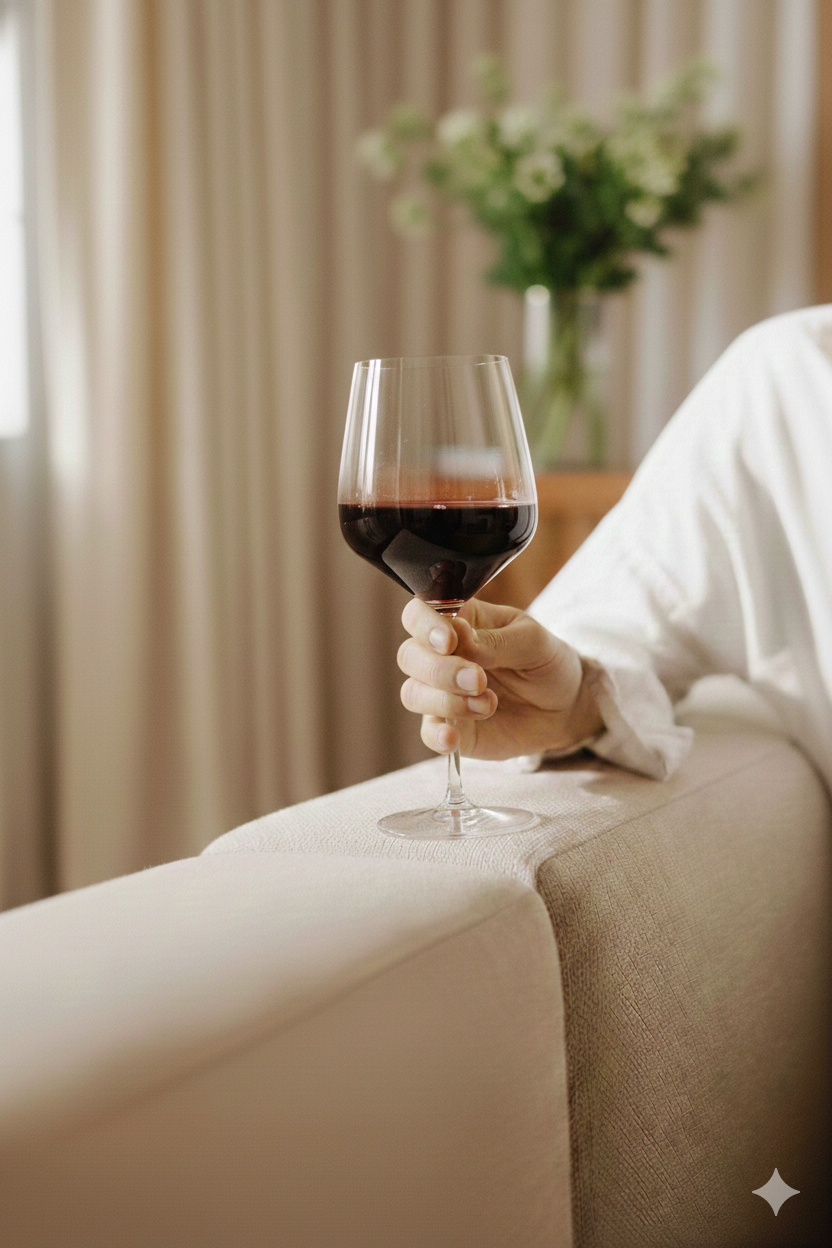 Lady sitting on cream couch holding a glass of red wine
