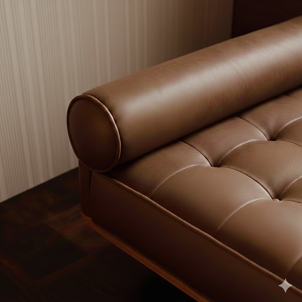 Close-up of a brown leather upholstered sofa with a rounded armrest showing tufted cushions.