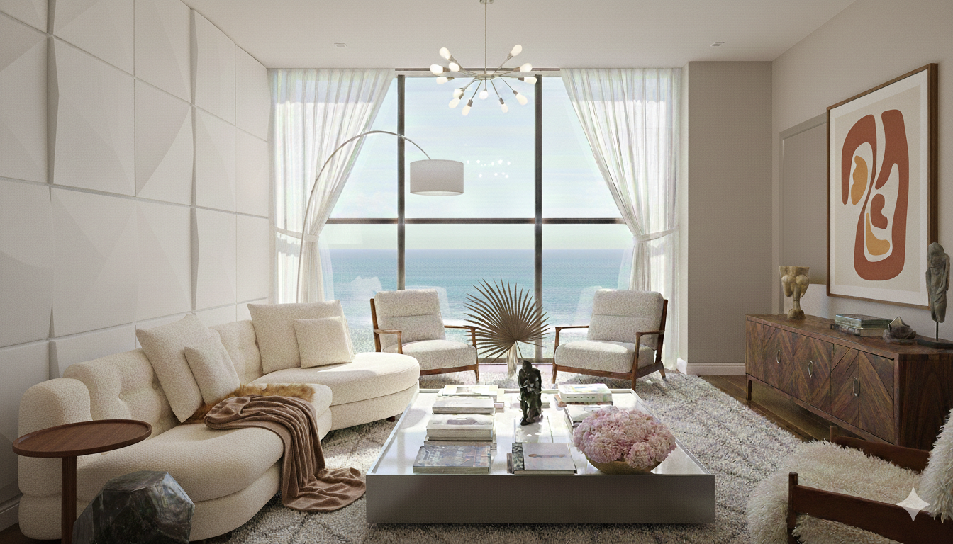 Living room with a large window showing ocean view in luxurious home.
