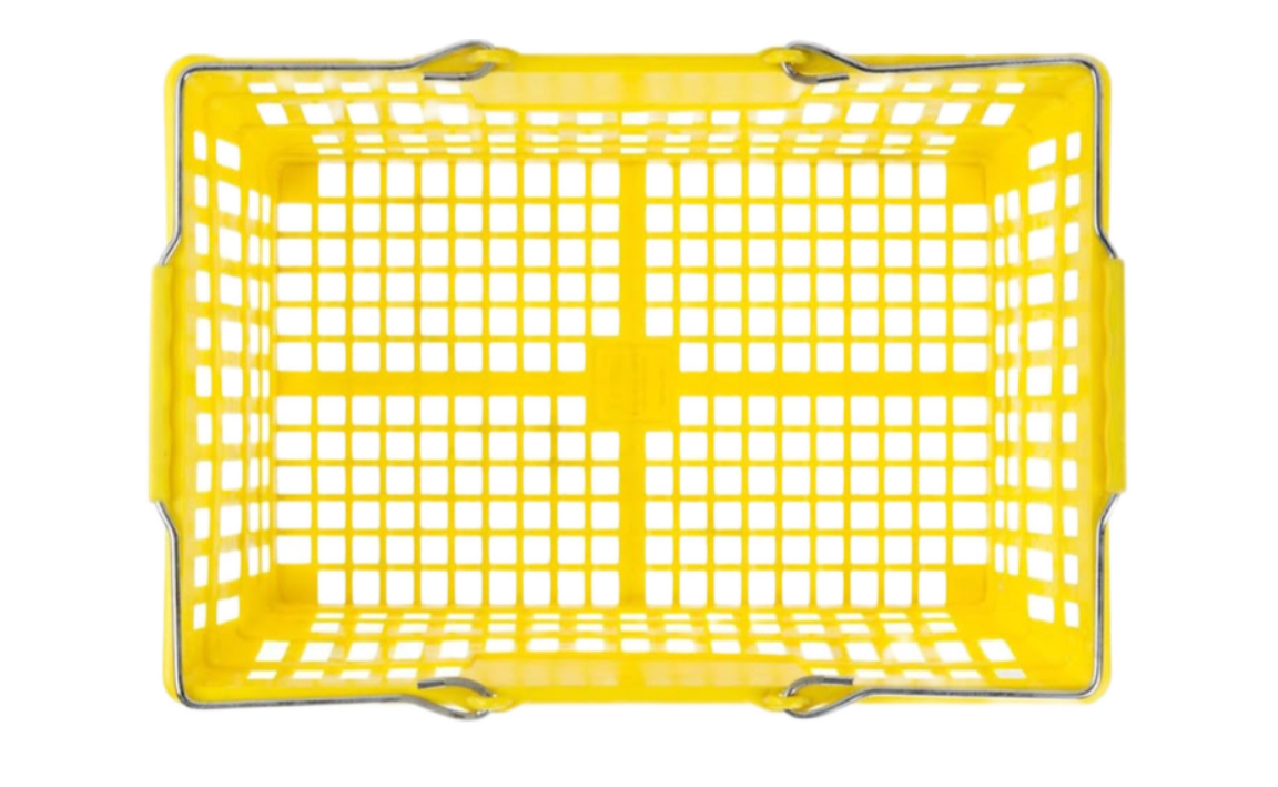 Yellow plastic shopping basket with square holes and metal handles.