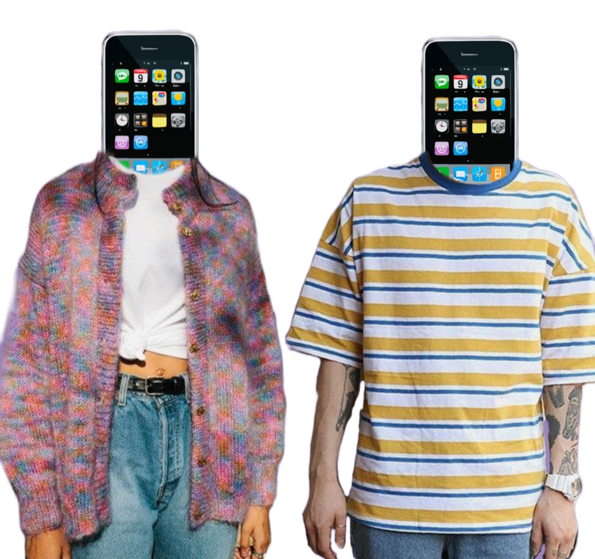 Two people with smartphones as heads; the person on the left is wearing a colorful knit cardigan, white knotted t-shirt, and jeans, while the person on the right is wearing a yellow and white striped t-shirt with tattoos on their arms.