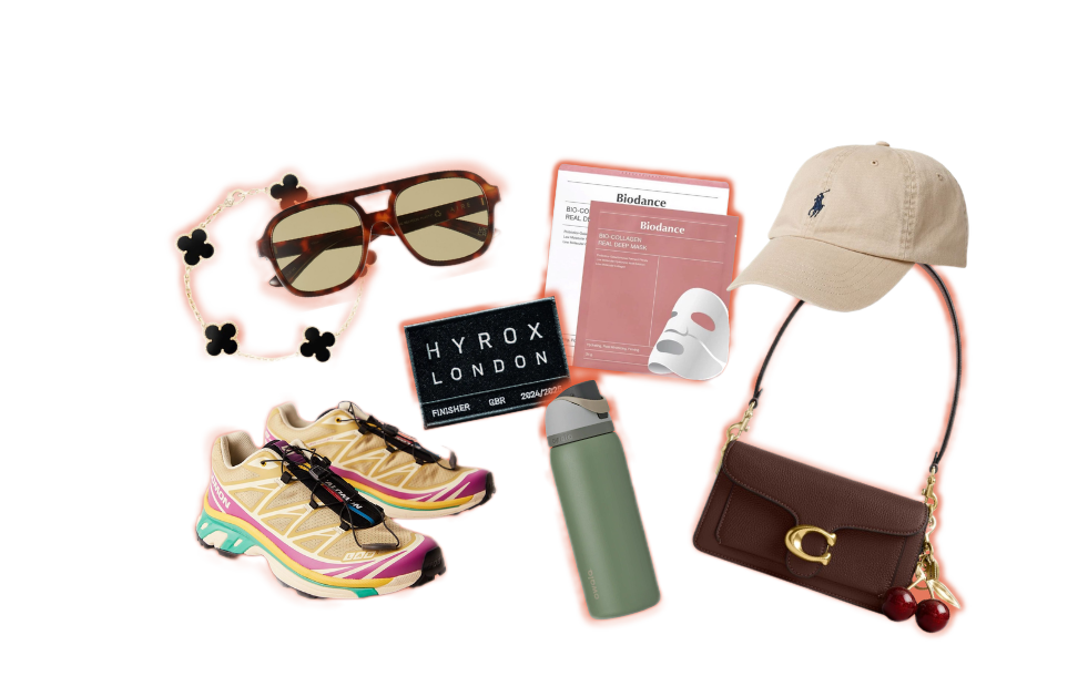Collection of outdoor and sports accessories including sunglasses, a wrap bracelet, a pair of running shoes, a water bottle, skincare masks, a baseball cap, and a brown purse with cherry charms.