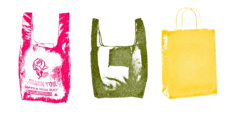 Three tote bags in pink, green, and yellow, each with different designs and text, against a black background.