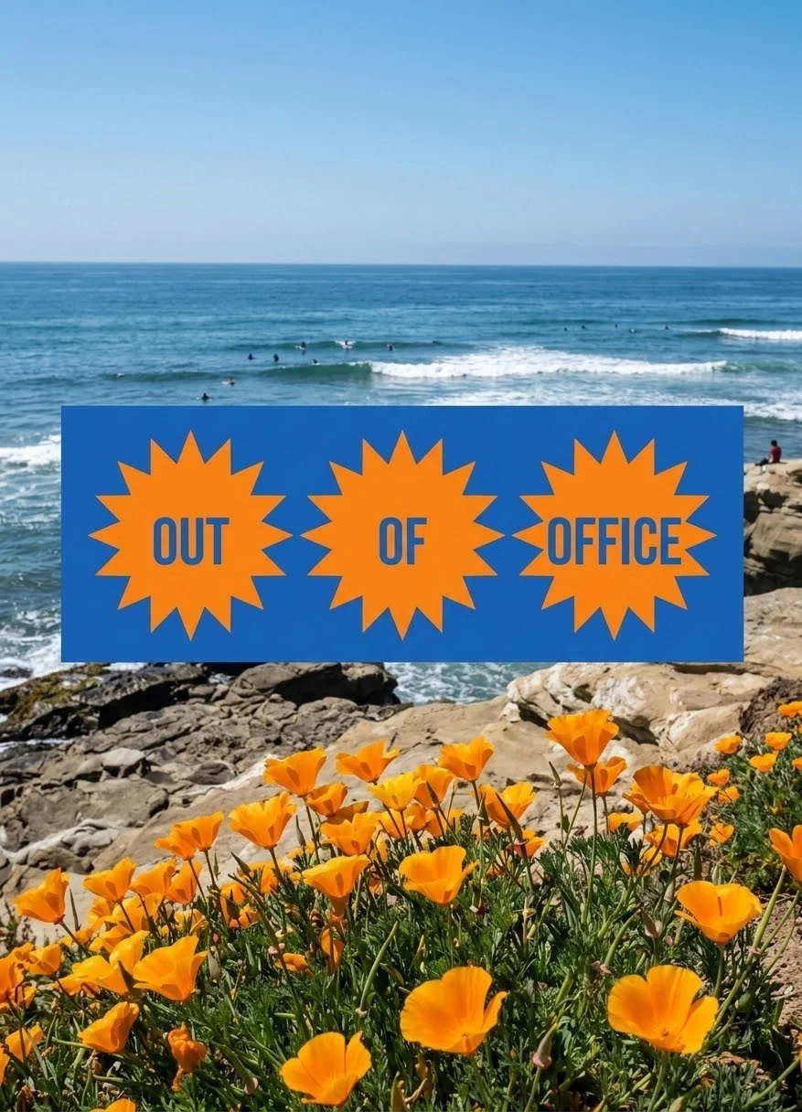 A scenic beach view with ocean waves, rocks, and orange flowers in the foreground. A sign reads 'OUT OF OFFICE' in bold orange and blue lettering.
