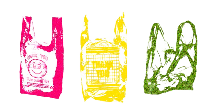 Three colorful plastic shopping bags in pink, yellow, and green.