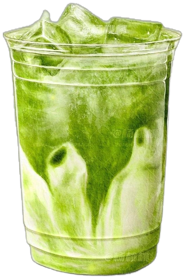 A clear plastic cup filled with ice cubes and a green-colored beverage.