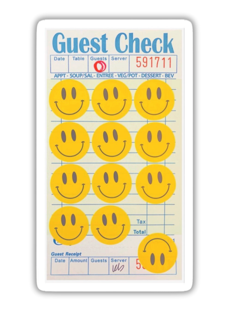 A restaurant guest check with multiple smiley face stickers covering most of the details.