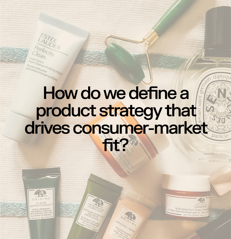 A flat lay of various skincare and beauty products with a facial roller, overlaid with the question: "How do we define a product strategy that drives consumer-market fit?"