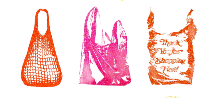 Three mesh shopping bags, one orange, one pink, and one with a printed message that says "Thank You for Shopping Here!".