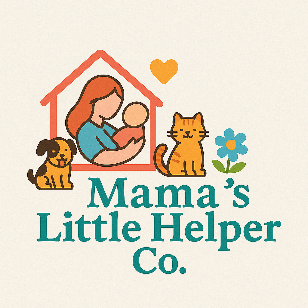 Illustration of a woman holding a baby inside a house outline, with a dog, a cat, a flower, and a heart nearby, alongside the text 'Mama's Little Helper Co.'