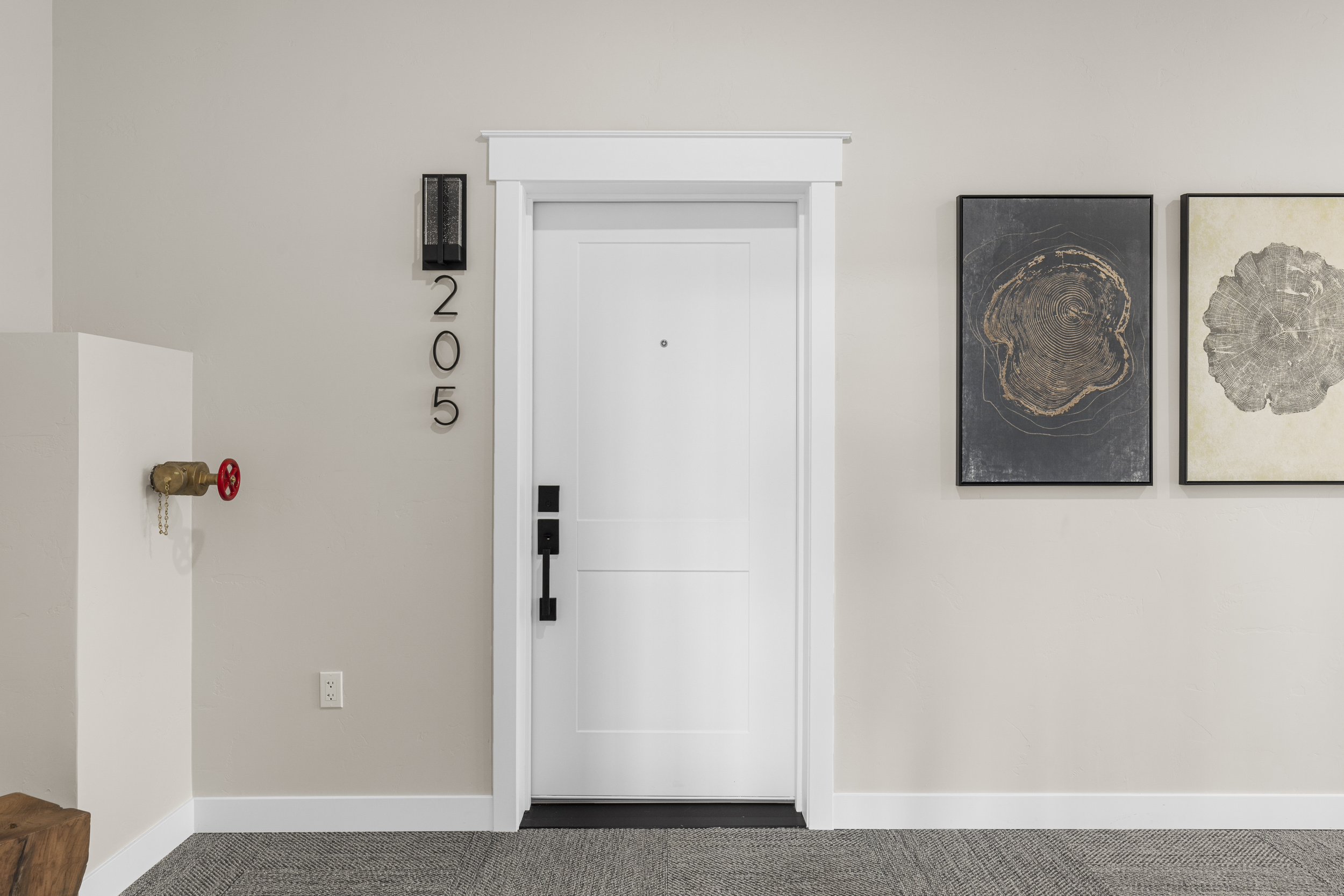 Interior wall with white door, black lock, decorative artwork, fire hydrant with chain, and metallic wall sconce with the number '205' vertically arranged.