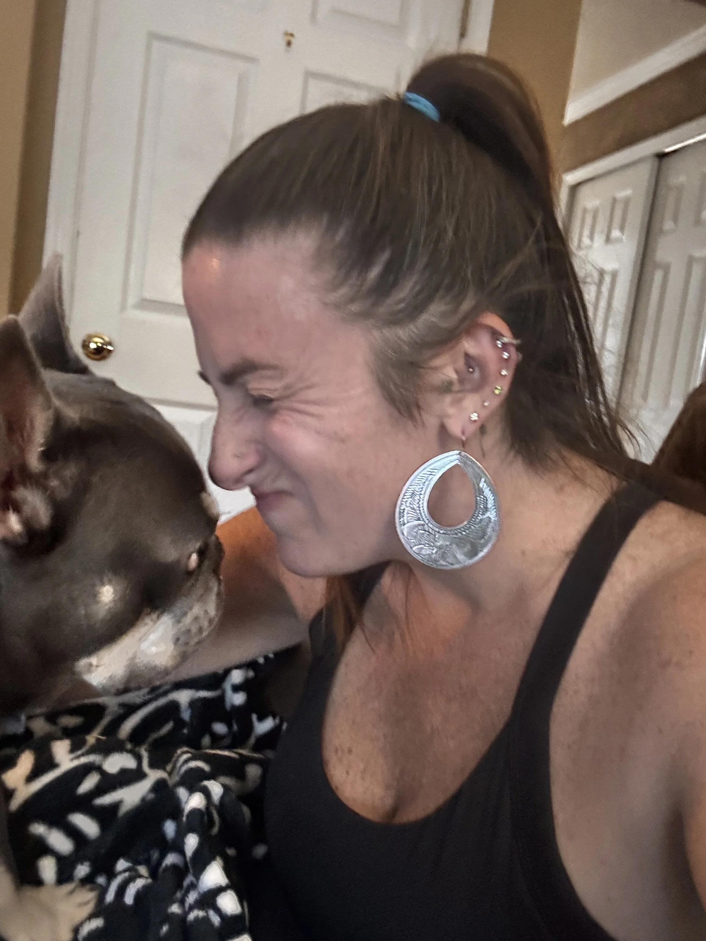 French bulldog giving kisses to it's trusted pet sitter. 