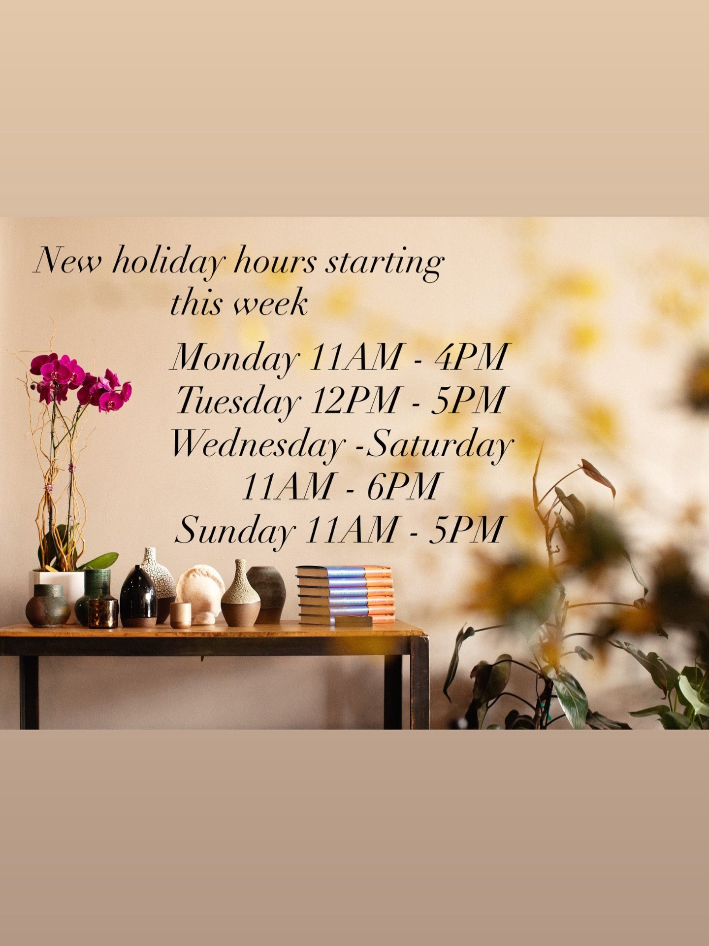 New holiday hours starting Monday 12/8

Monday 11AM - 4PM
Tuesday 12PM - 5PM
Wednesday - Saturday 11AM - 6PM
Sunday 11AM - 5PM 

Shop local, reach out if you need ideas and I look forward to seeing you