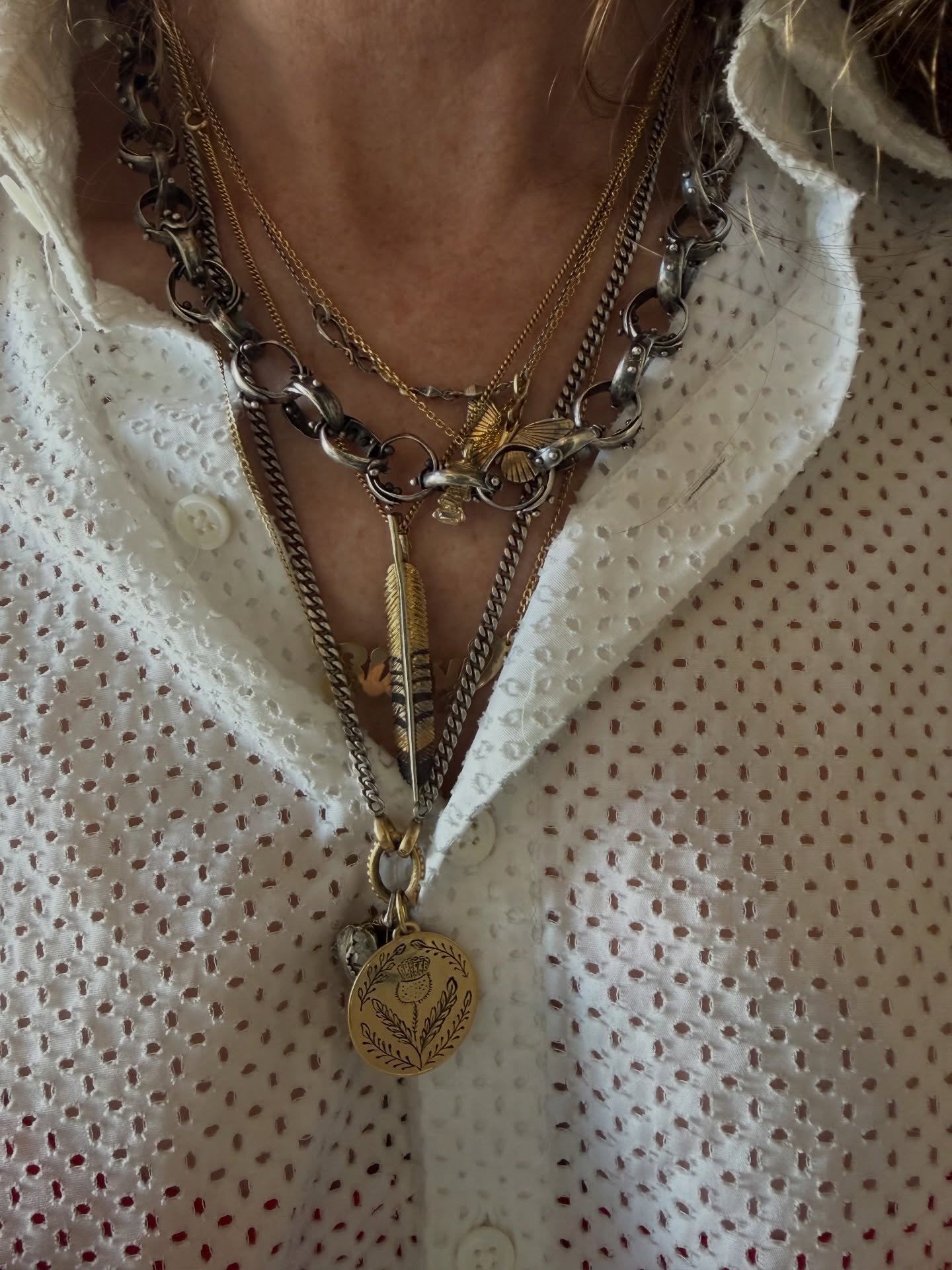 #onallison A variety of mixed metals and styles of necklaces. Layered in true @haroldandmaude fashion. Stop in to @aheutsche and see what you can layer. We are a proud sponsor of @getinvolvedchla for #makemarchmatter which kicks off this Sunday March